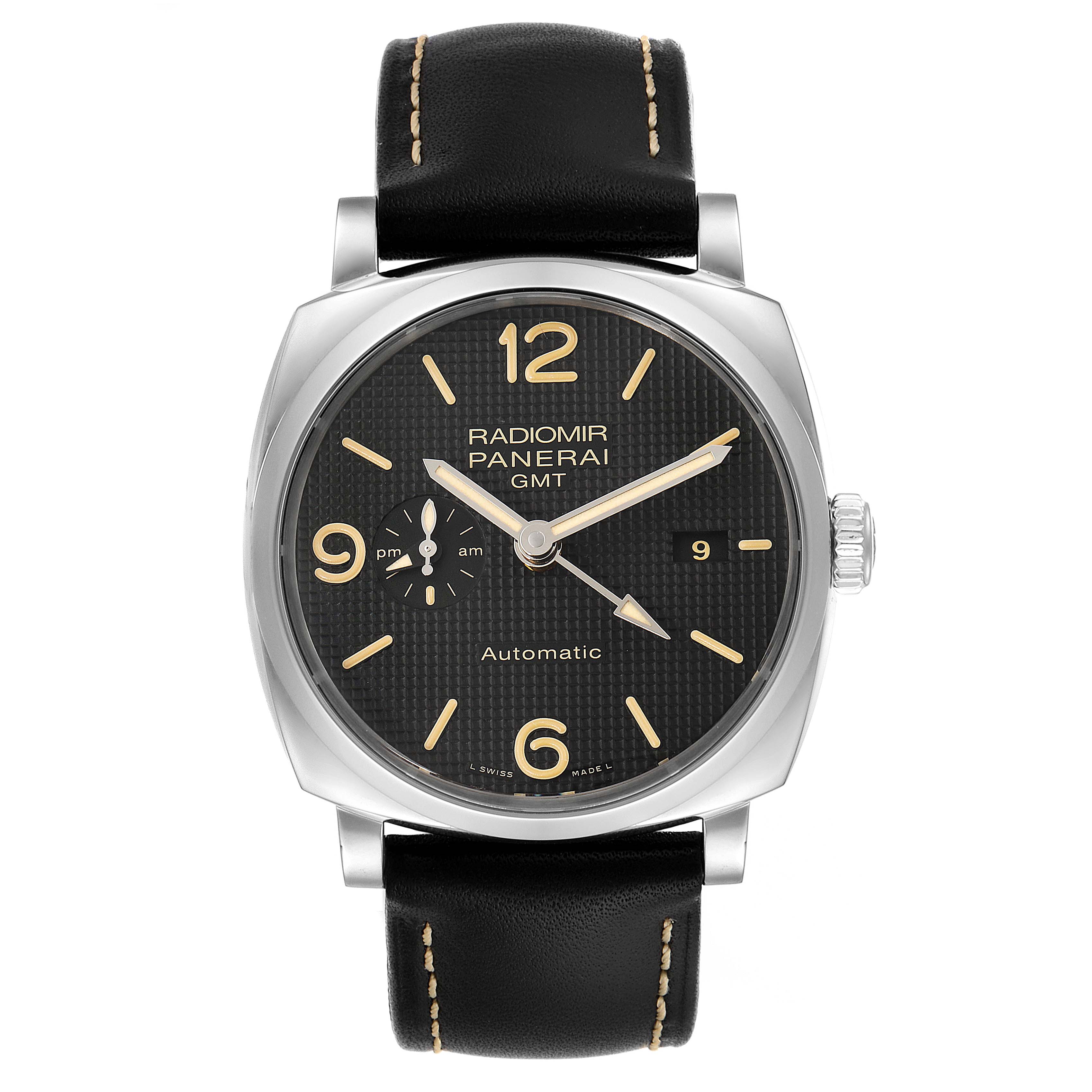 The image shows a front view of a Panerai Radiomir PAM00627 Men's Stainless Steel Black Dial PAM00627 Men's Stainless Steel Black Dial model watch, displaying the dial, case, and leather strap.