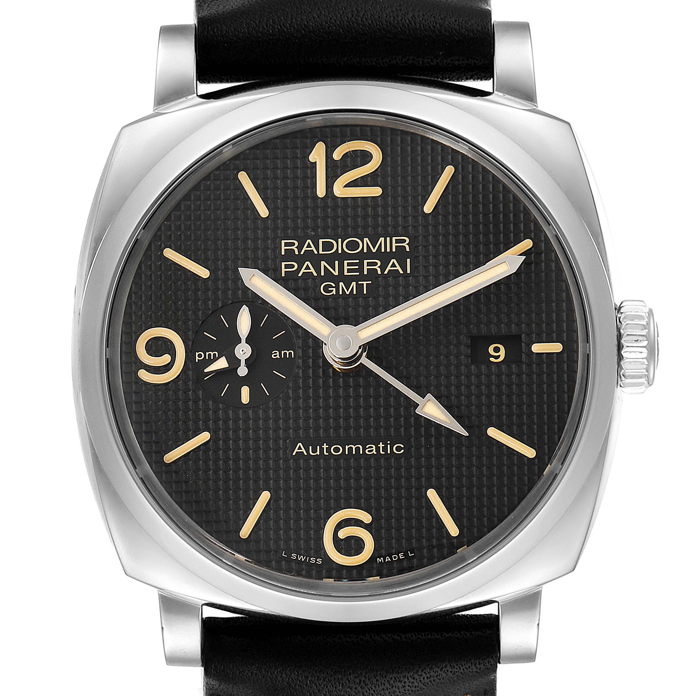 The image shows a front view of a Panerai Radiomir PAM00627 Men's Stainless Steel Black Dial PAM00627 Men's Stainless Steel Black Dial GMT watch, featuring the dial, hands, sub-dial, and date display.