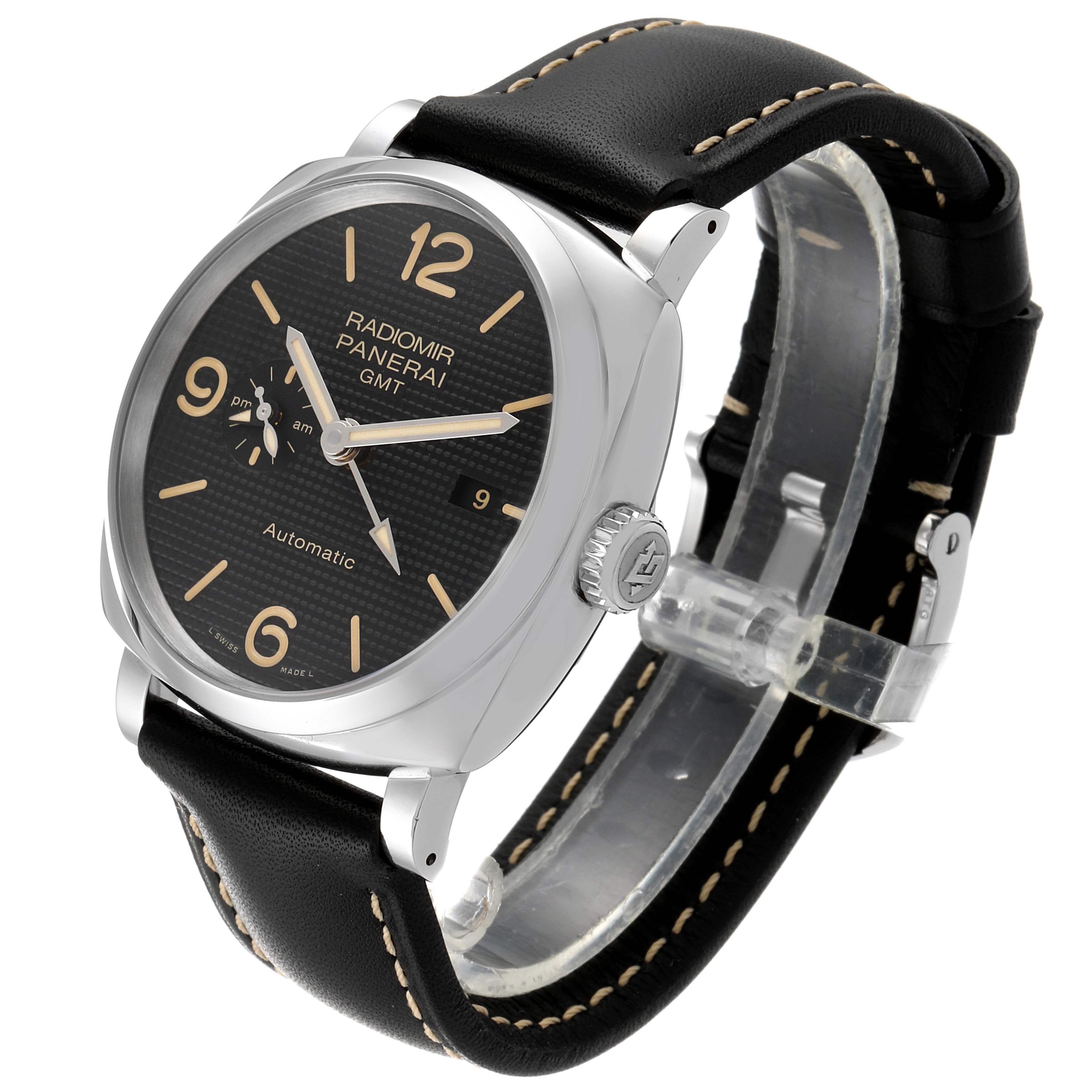 The image shows a Panerai Radiomir PAM00627 Men's Stainless Steel Black Dial PAM00627 Men's Stainless Steel Black Dial watch from a three-quarter angle, highlighting the face, crown, and leather strap.