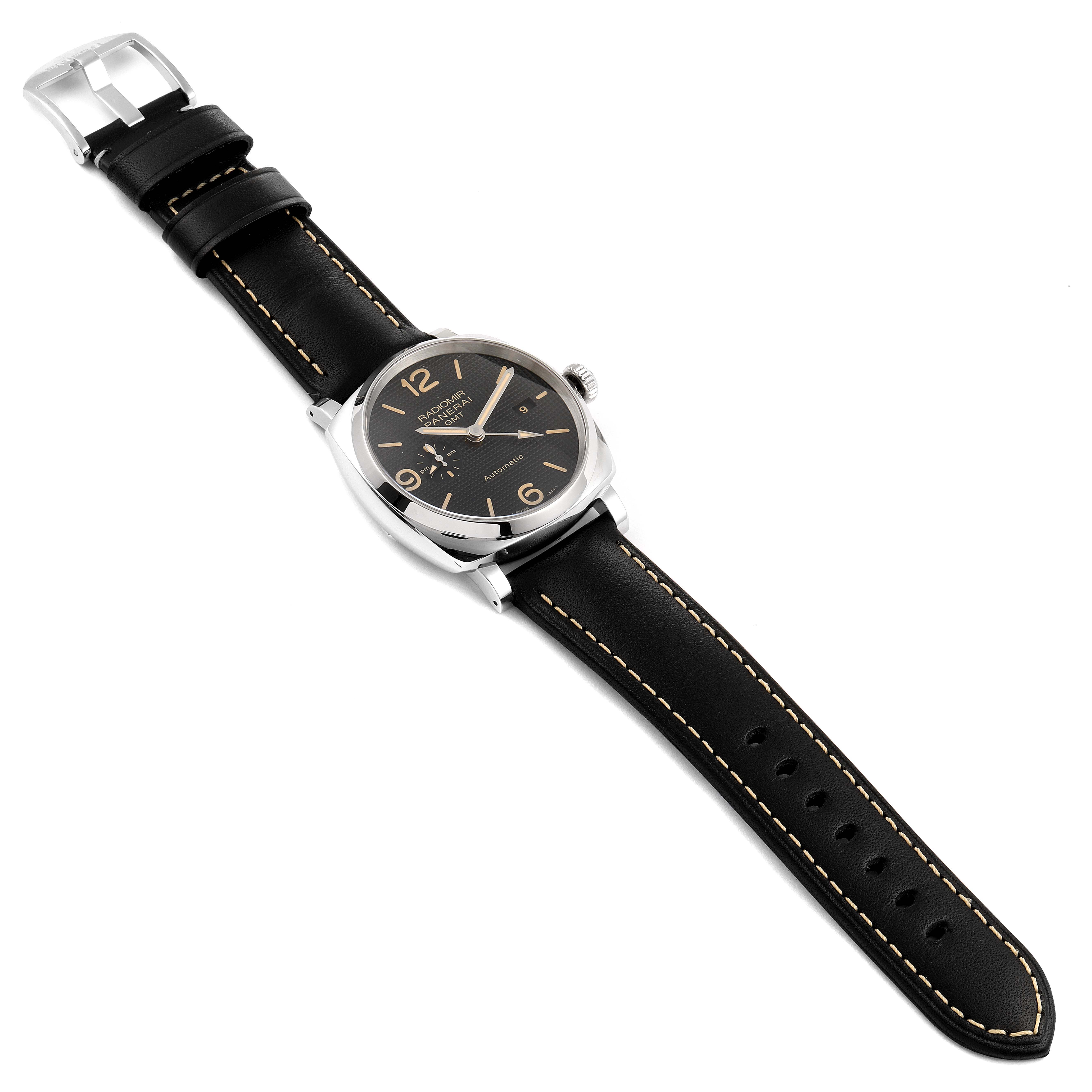 This image shows a Panerai Radiomir PAM00627 Men's Stainless Steel Black Dial PAM00627 Men's Stainless Steel Black Dial watch from a top view, displaying the black leather strap, round dial, and crown.