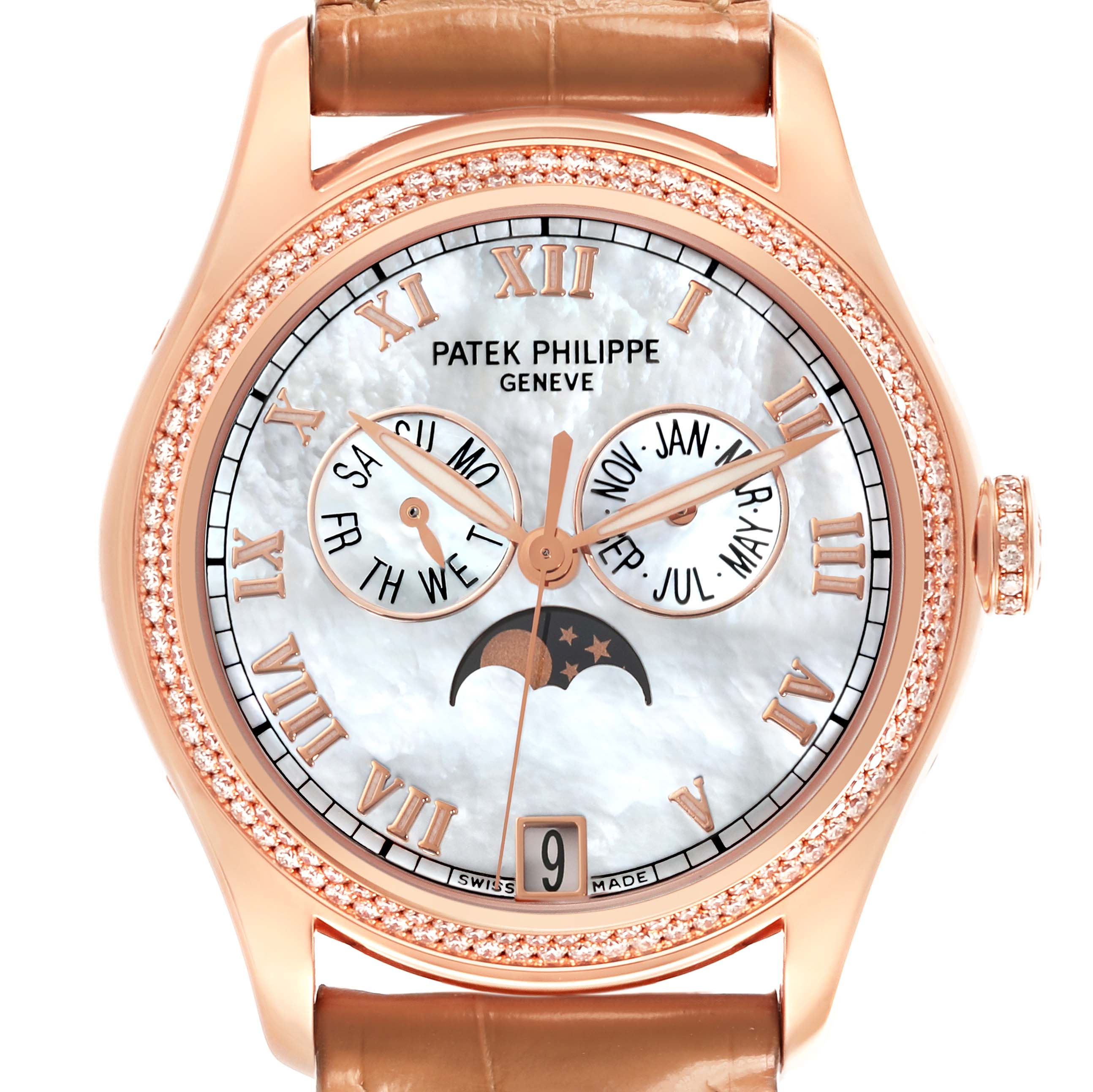 The Patek Philippe Complications 4936R-001 Men's Rose Gold Mother of Pearl Dial 4936R-001 Men's Rose Gold Mother of Pearl Dial watch is shown from the front, displaying its dial, rose gold case, and leather strap.