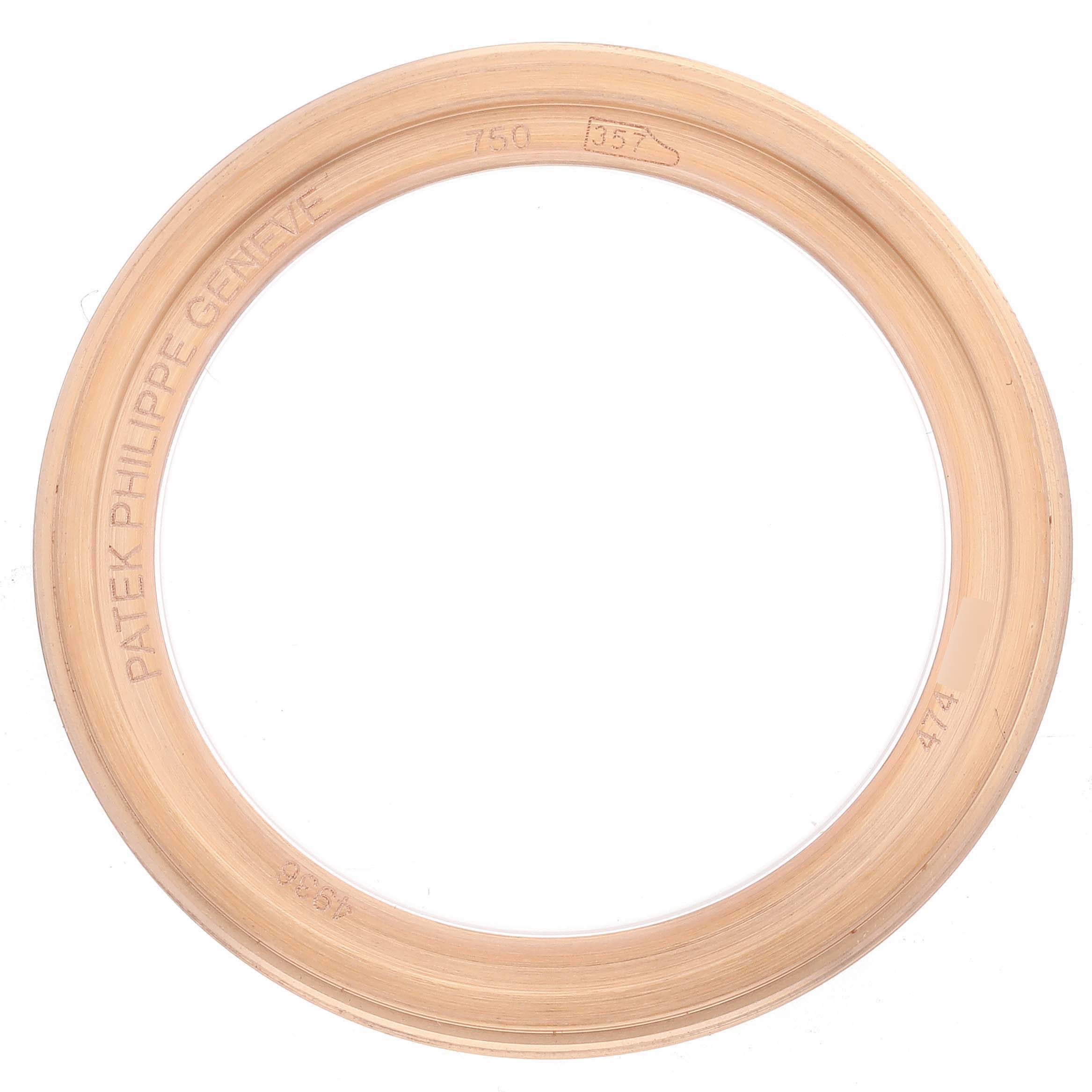 The image shows a bezel of a Patek Philippe Complications 4936R-001 Men's Rose Gold Mother of Pearl Dial 4936R-001 Men's Rose Gold Mother of Pearl Dial watch, viewed from a top-down angle.