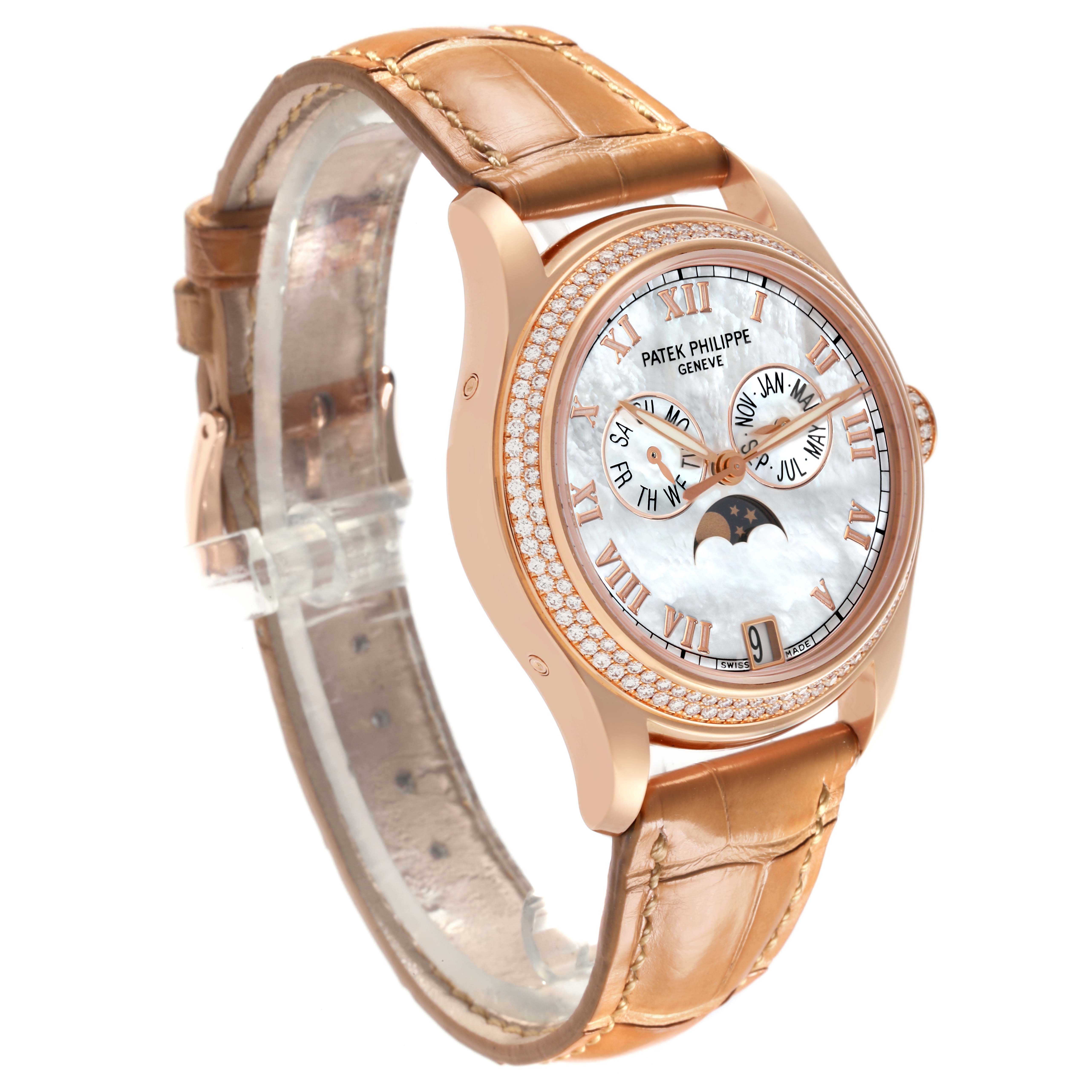 The Patek Philippe Complications 4936R-001 Men's Rose Gold Mother of Pearl Dial 4936R-001 Men's Rose Gold Mother of Pearl Dial watch is shown at a three-quarter angle, highlighting its face, bezel, and strap.