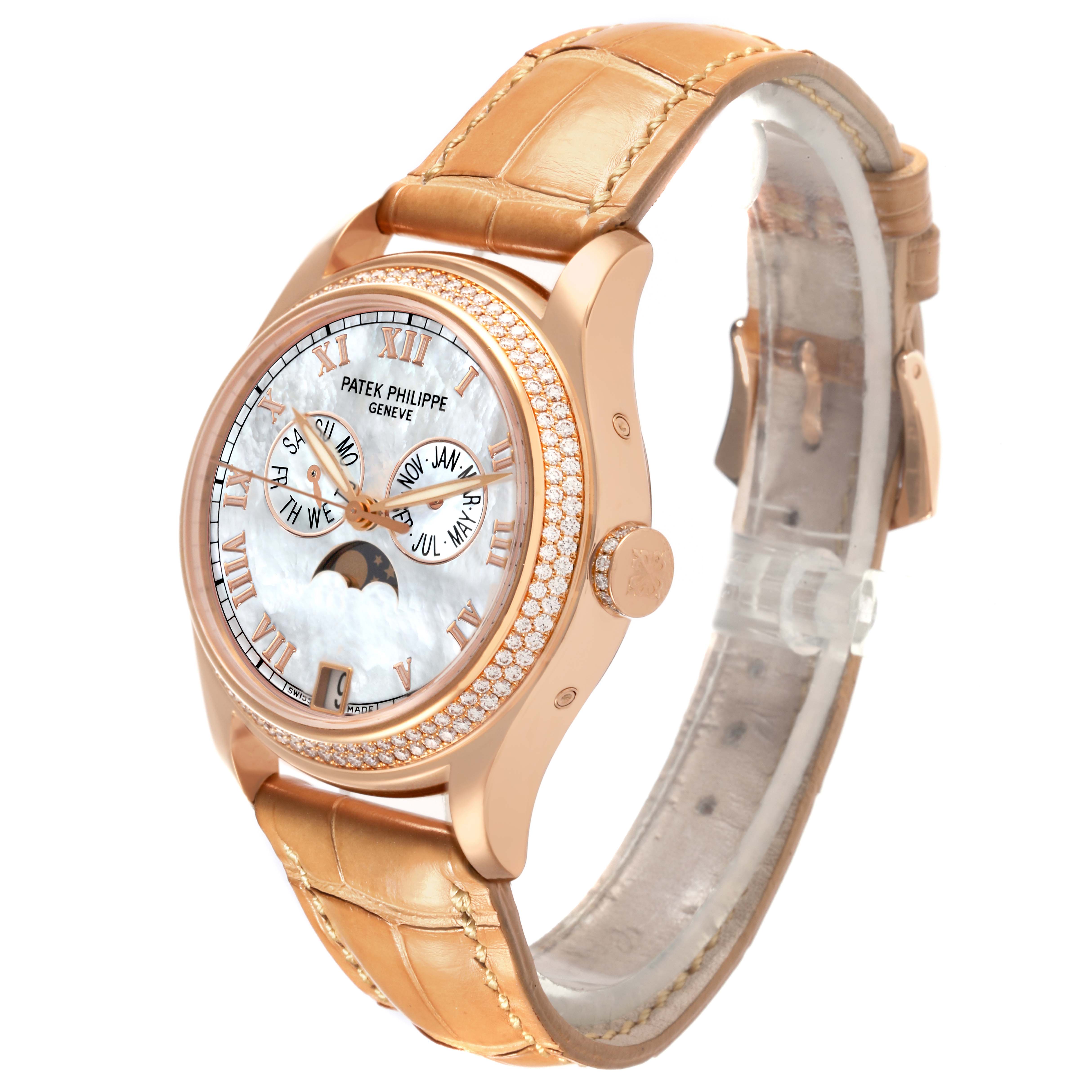 The Patek Philippe Complications 4936R-001 Men's Rose Gold Mother of Pearl Dial 4936R-001 Men's Rose Gold Mother of Pearl Dial watch is shown from a side angle, highlighting the face, bezel, crown, and leather strap.