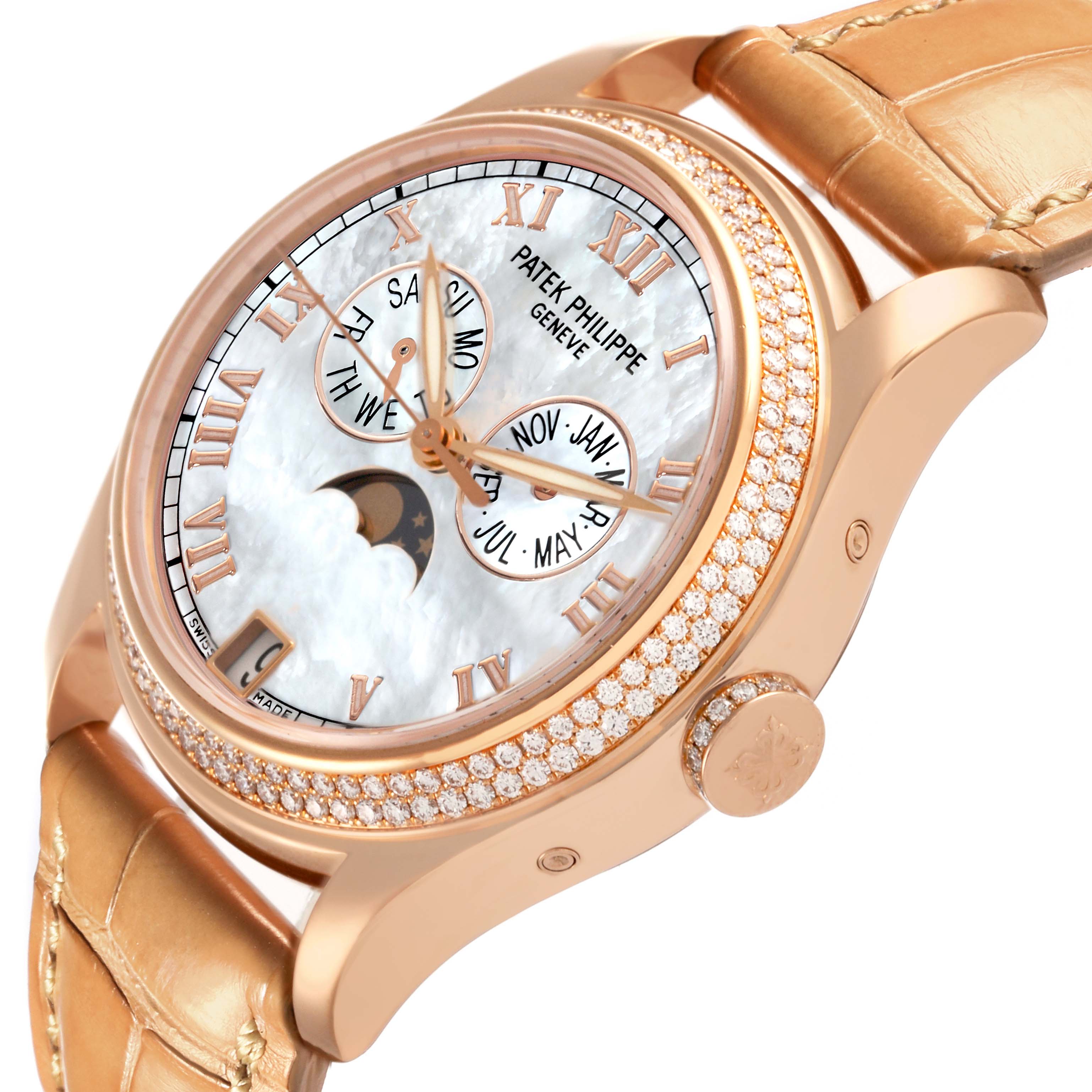 The Patek Philippe Complications 4936R-001 Men's Rose Gold Mother of Pearl Dial 4936R-001 Men's Rose Gold Mother of Pearl Dial watch is shown at a slight side angle, highlighting the face, crown, and strap.
