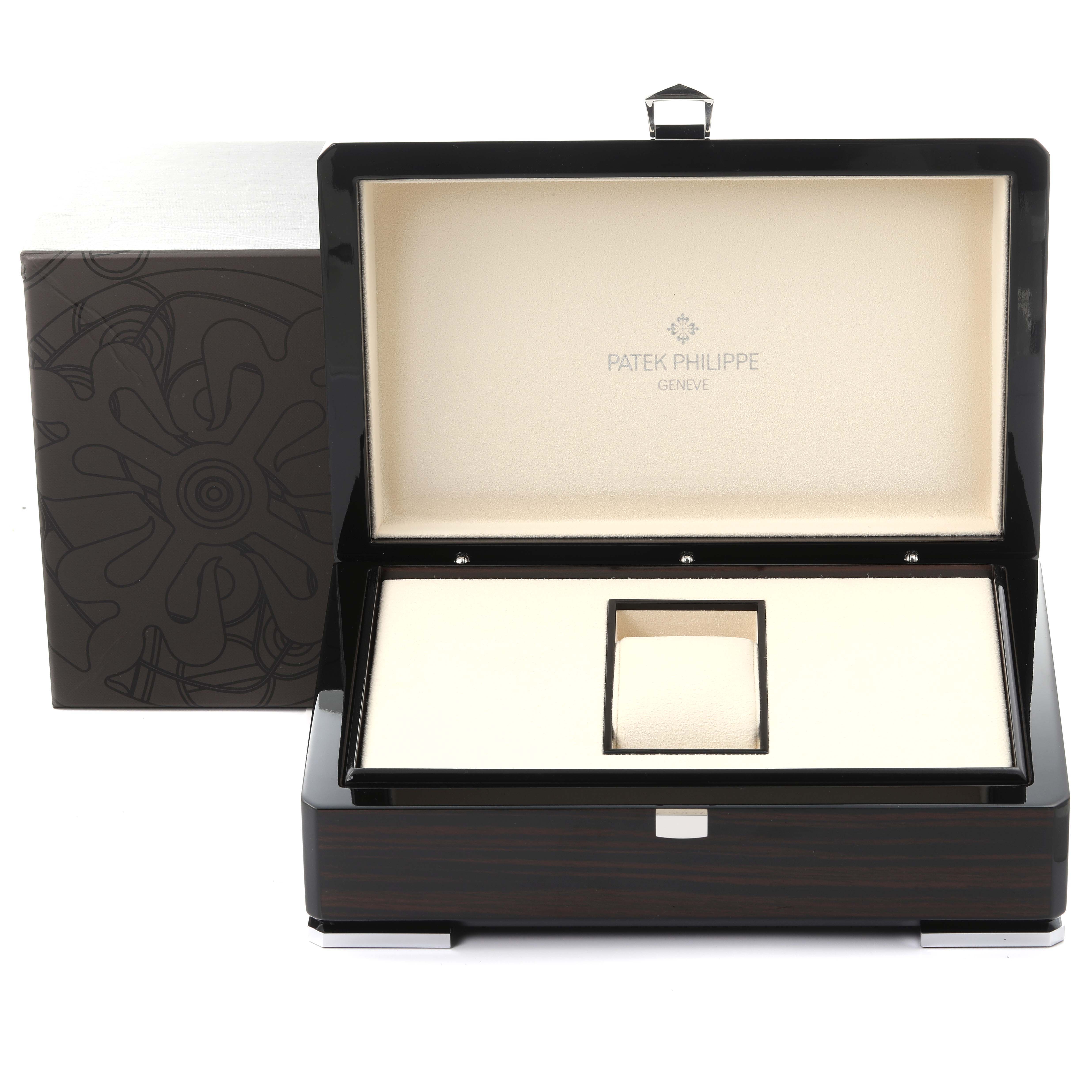 The image shows a Patek Philippe Complications 4936R-001 Men's Rose Gold Mother of Pearl Dial 4936R-001 Men's Rose Gold Mother of Pearl Dial watch box, open, with the cushion and interior in view.