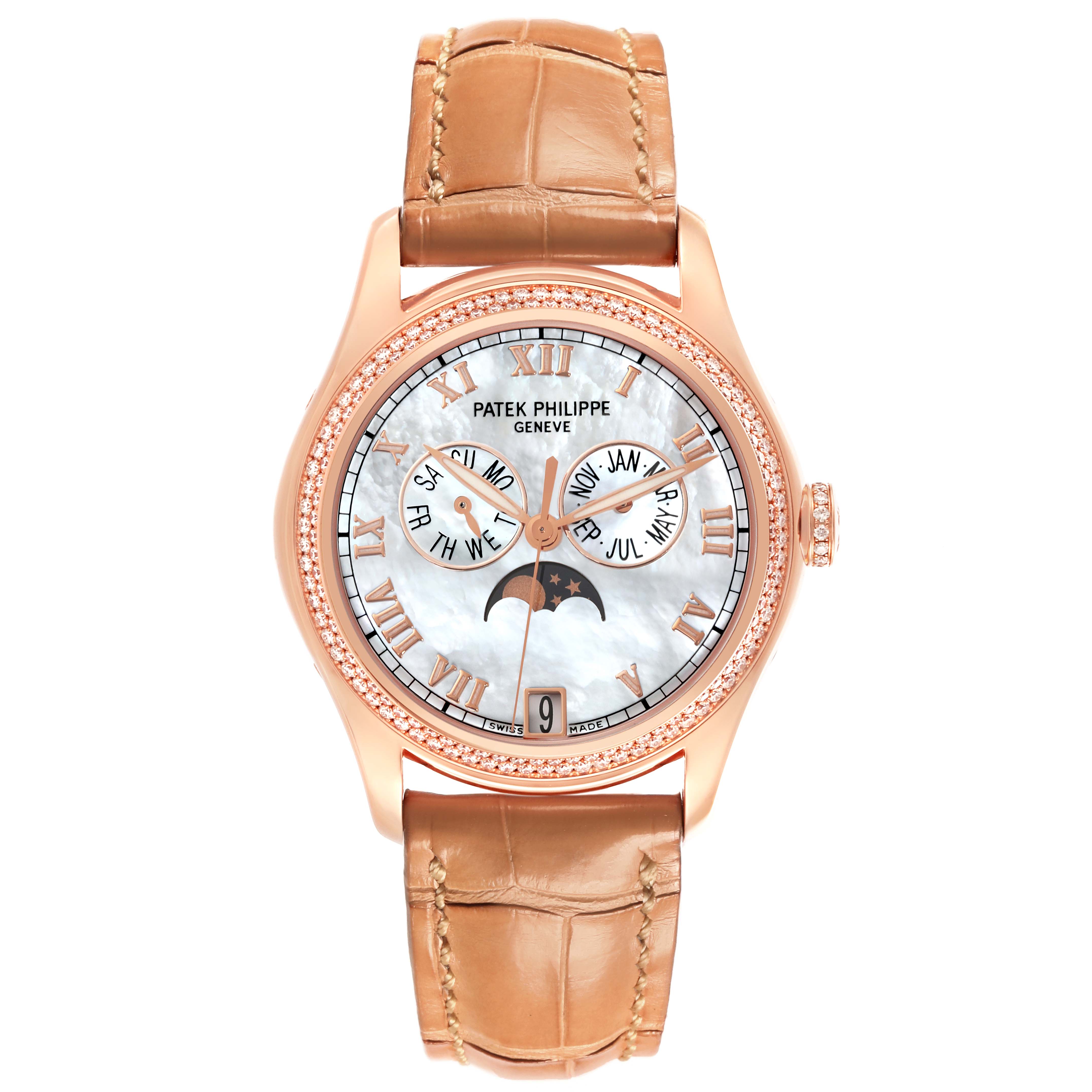 The Patek Philippe Complications 4936R-001 Men's Rose Gold Mother of Pearl Dial 4936R-001 Men's Rose Gold Mother of Pearl Dial watch is shown from a top view, displaying the face, dial, and leather strap.