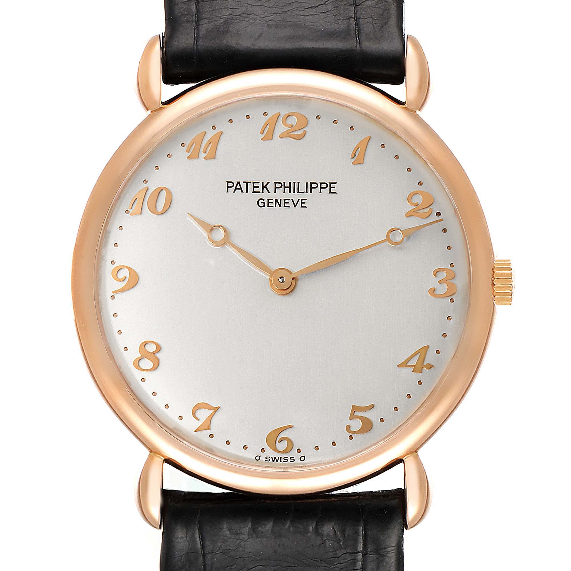 This image shows a front view of the Patek Philippe Calatrava 3820 Men's Rose Gold Silver Dial 3820 Men's Rose Gold Silver Dial watch, displaying the dial, hands, and part of the leather strap.