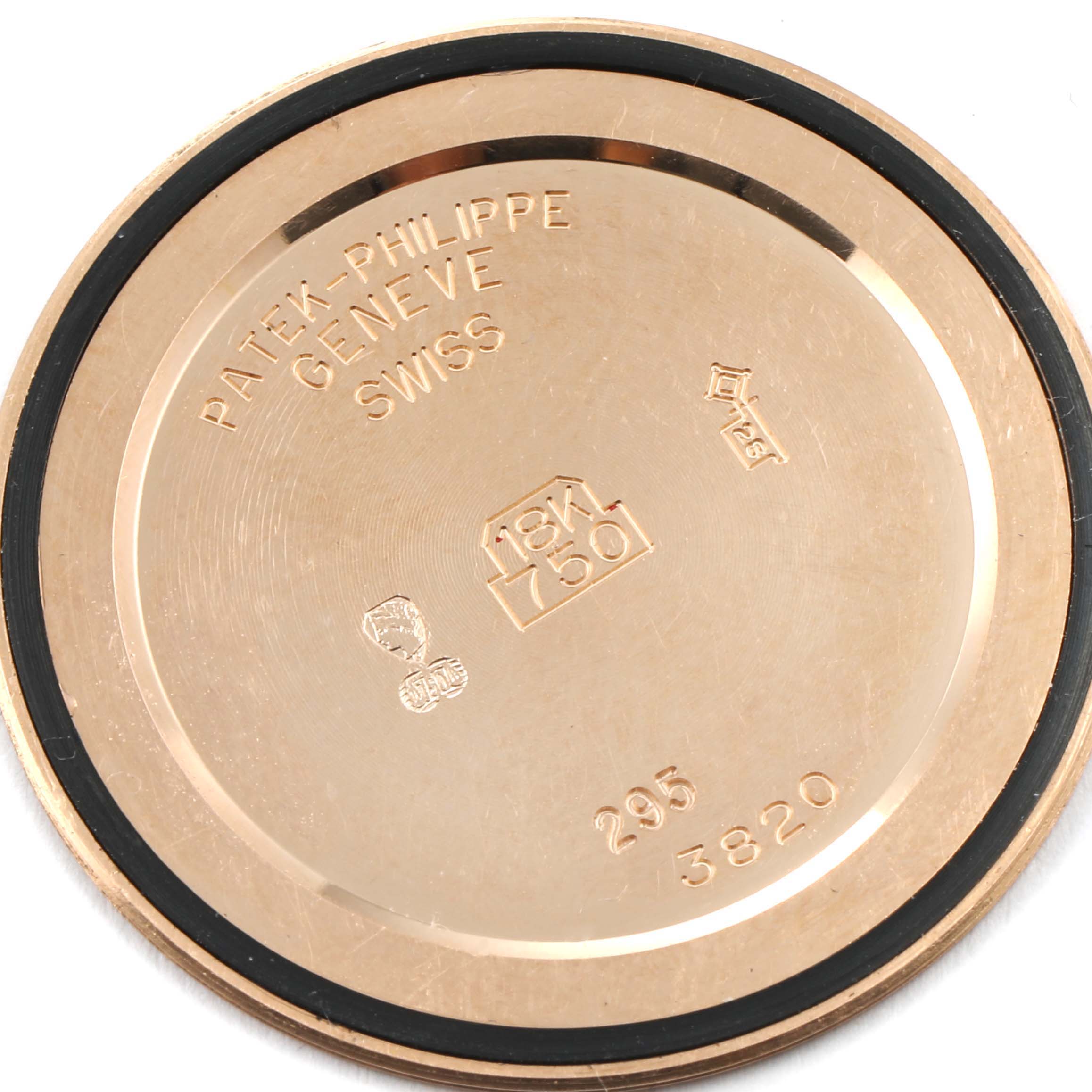 This is the case back of a Patek Philippe Calatrava 3820 Men's Rose Gold Silver Dial 3820 Men's Rose Gold Silver Dial watch, showing markings and material specifications.