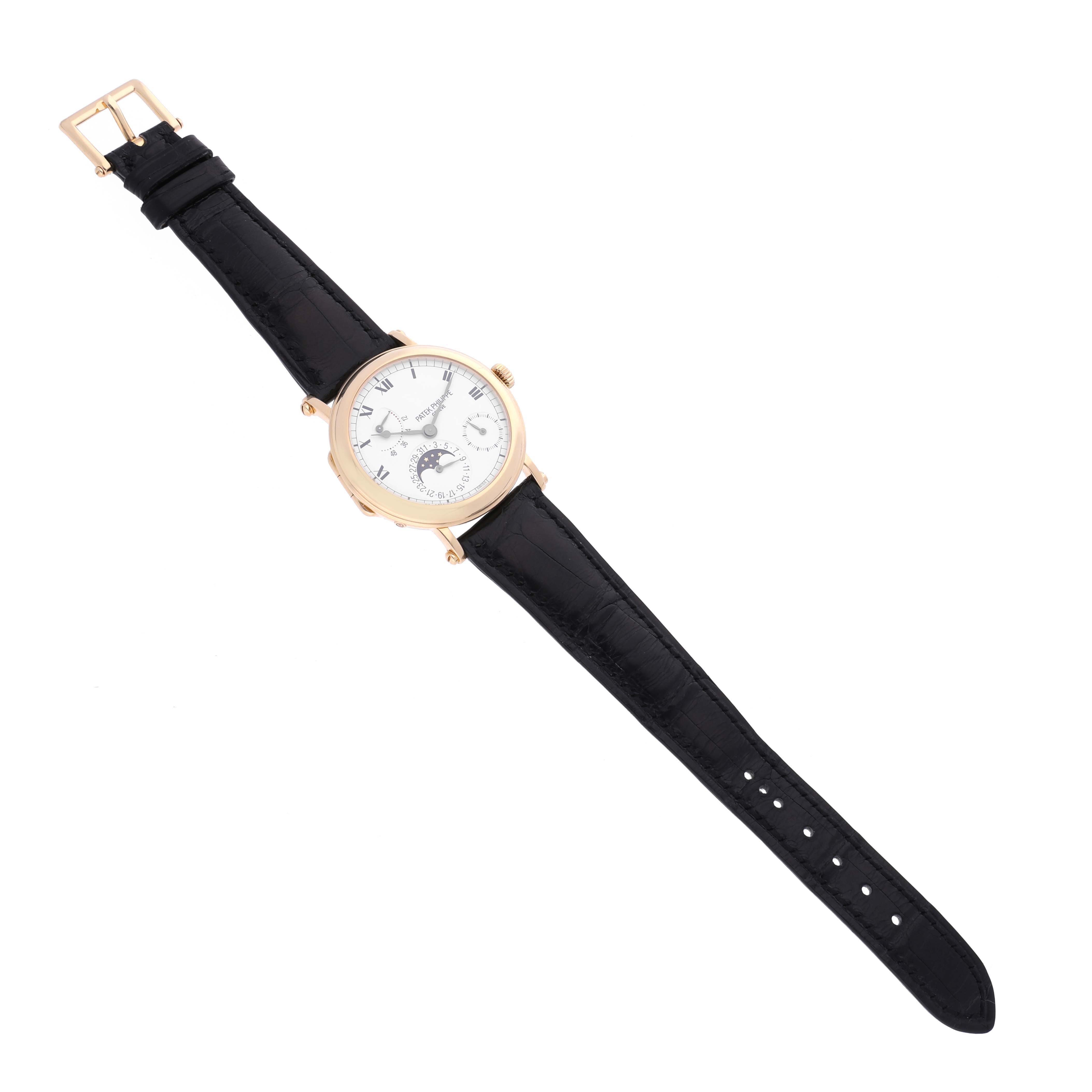 The Patek Philippe Complications 5054 Men's Yellow Gold White Dial 5054 Men's Yellow Gold White Dial watch shows a top view with a full band, case, and dial visible.