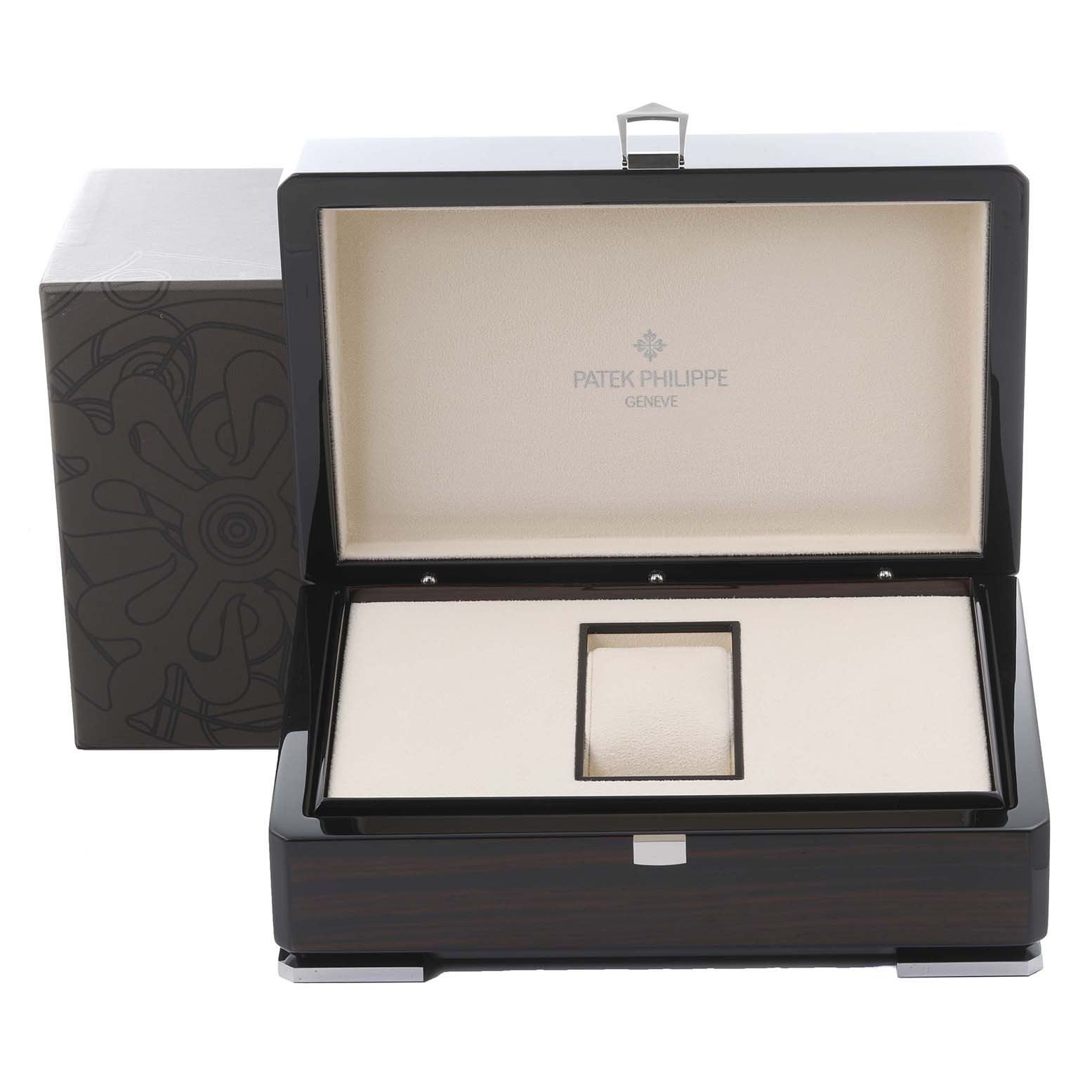 The image shows an open watch box for the Patek Philippe Complications 5054 Men's Yellow Gold White Dial 5054 Men's Yellow Gold White Dial model, revealing the interior lining and cushion.