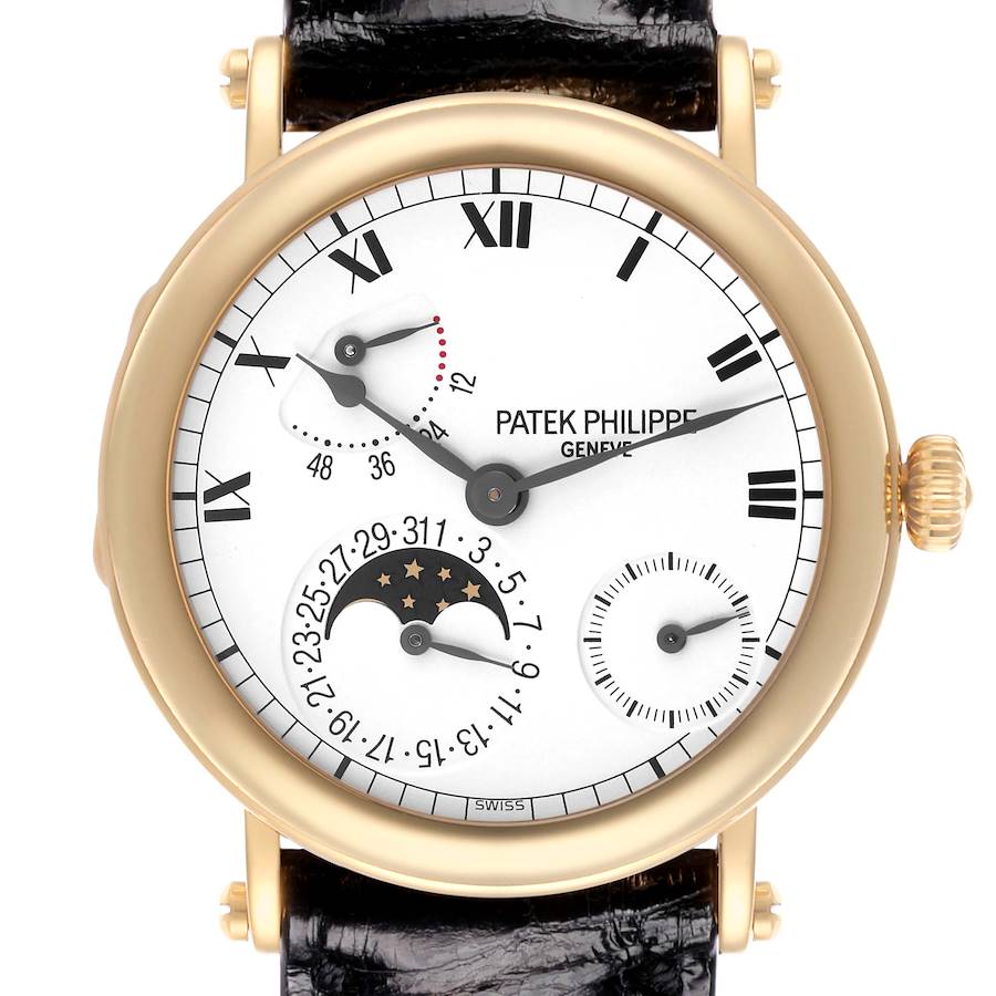 The Patek Philippe Complications watch is shown from the front, featuring its dial with subdials, moon phase, and crown.