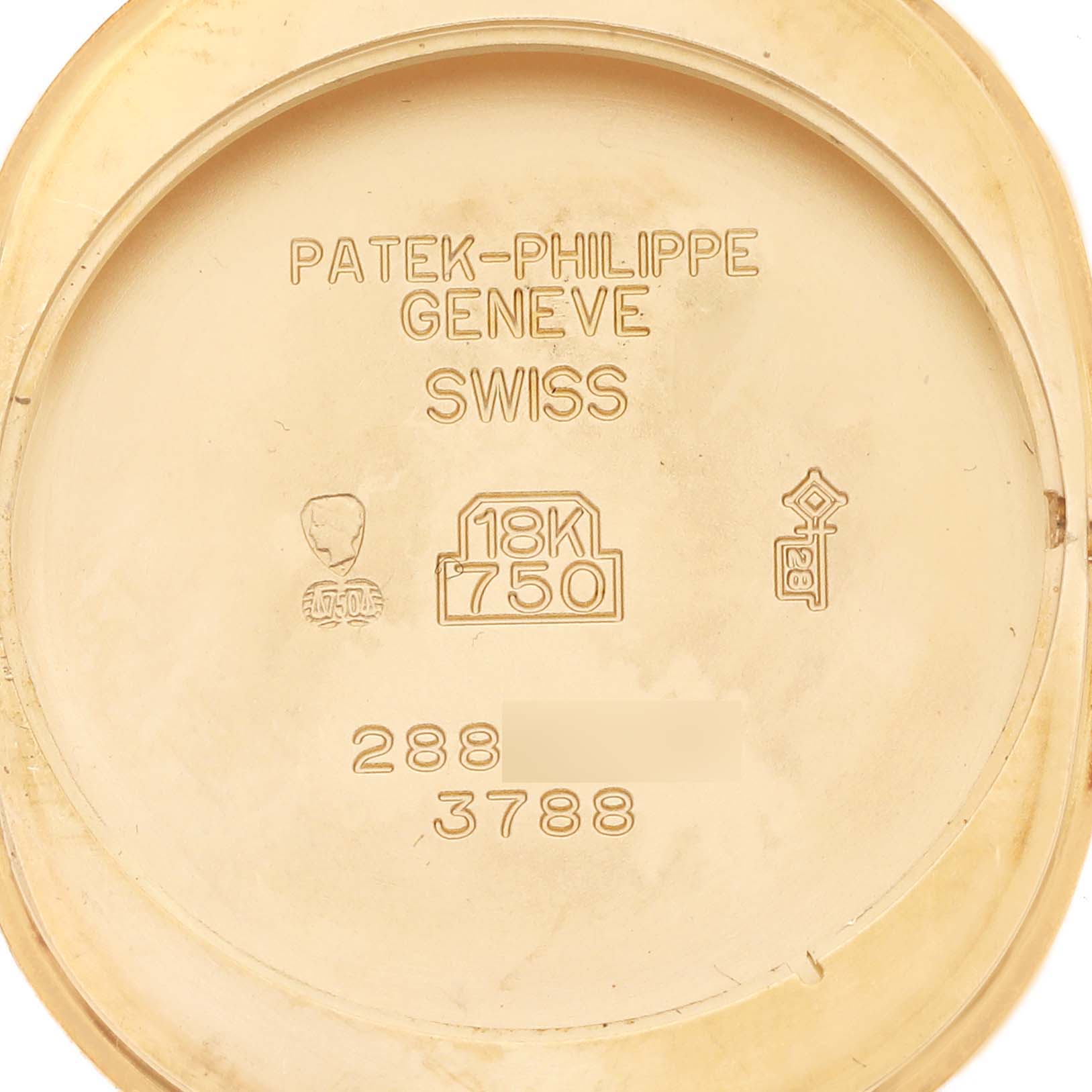 The image shows the inside of the case back for the Patek Philippe Golden Ellipse 3788J Men's Yellow Gold Blue Dial 3788J Men's Yellow Gold Blue Dial watch.