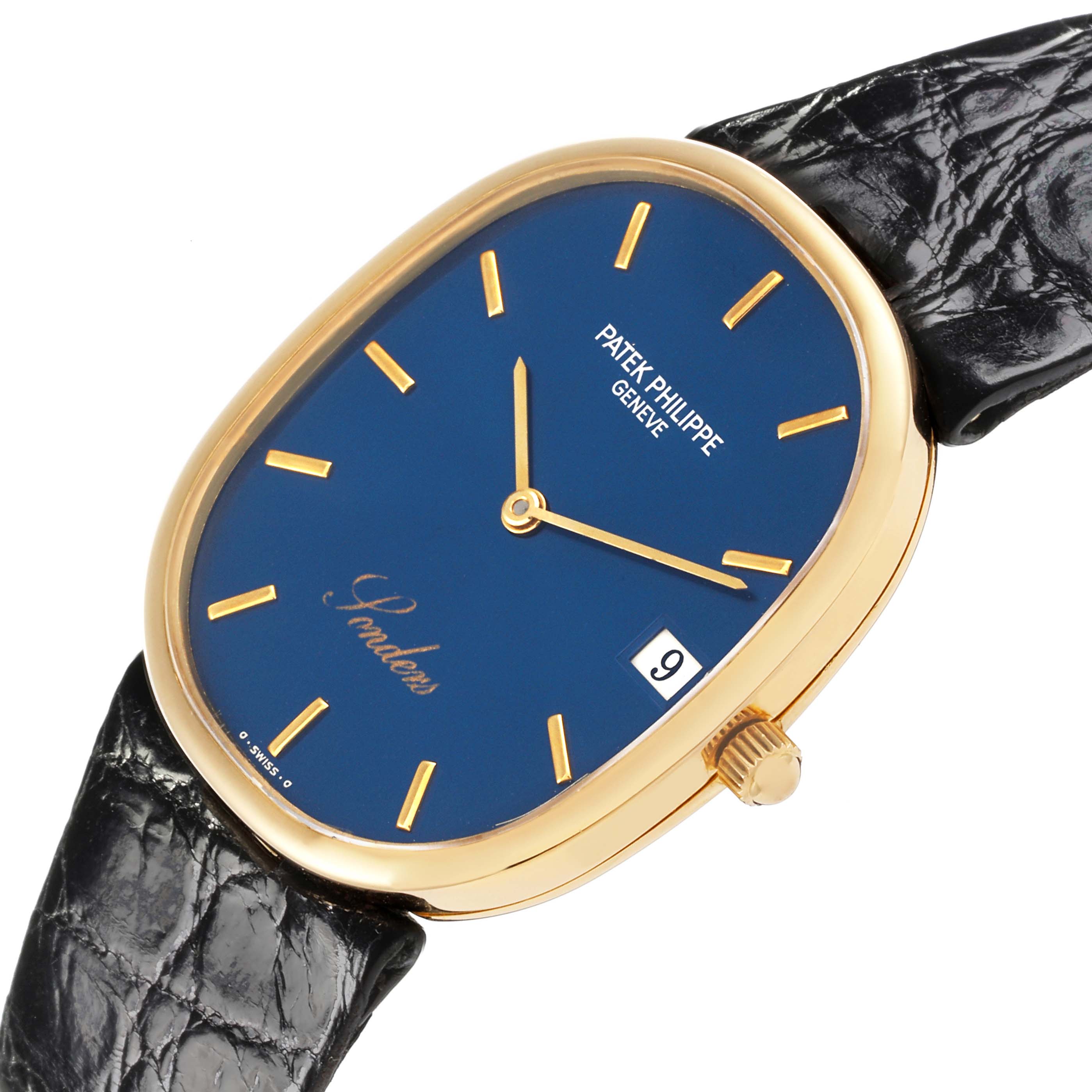 The Patek Philippe Golden Ellipse 3788J Men's Yellow Gold Blue Dial 3788J Men's Yellow Gold Blue Dial watch is shown from a slightly tilted front angle, displaying the dial, case, and crown.