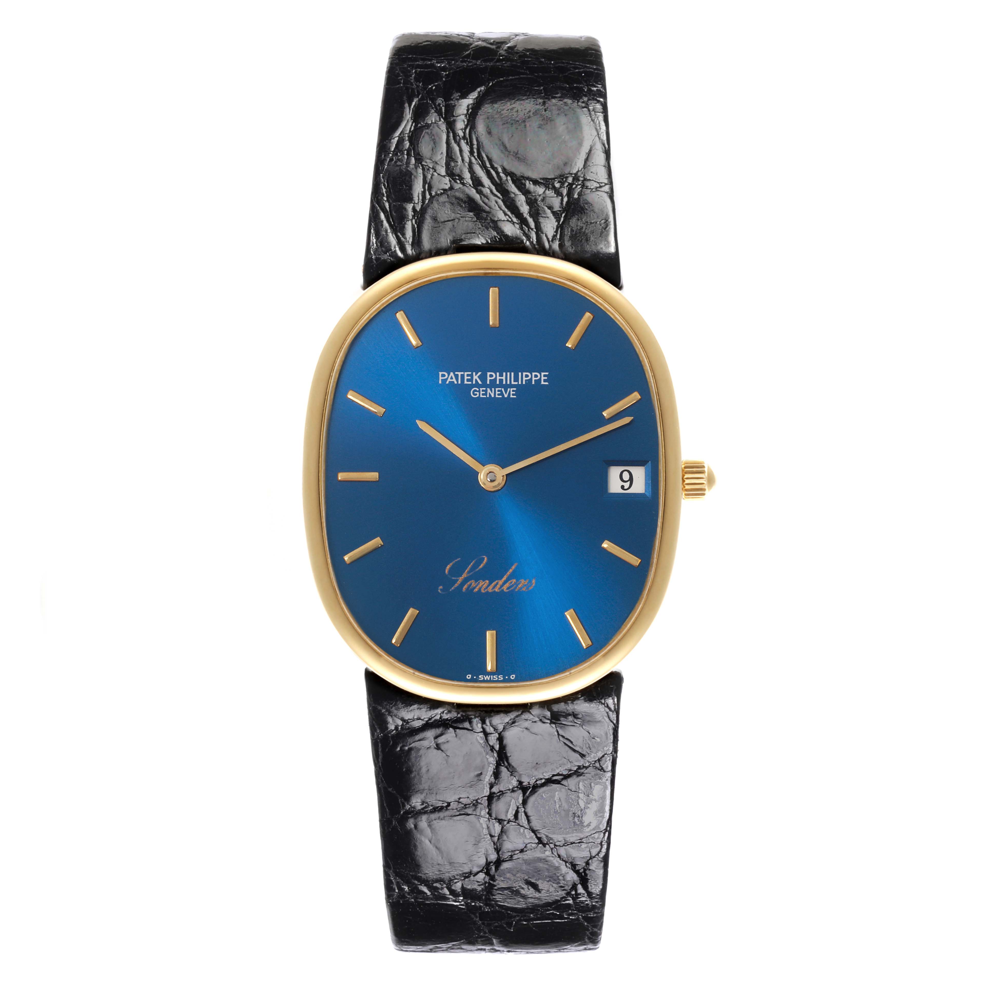 The Patek Philippe Golden Ellipse 3788J Men's Yellow Gold Blue Dial 3788J Men's Yellow Gold Blue Dial watch is shown from the front, displaying the blue dial, gold case, and black strap.