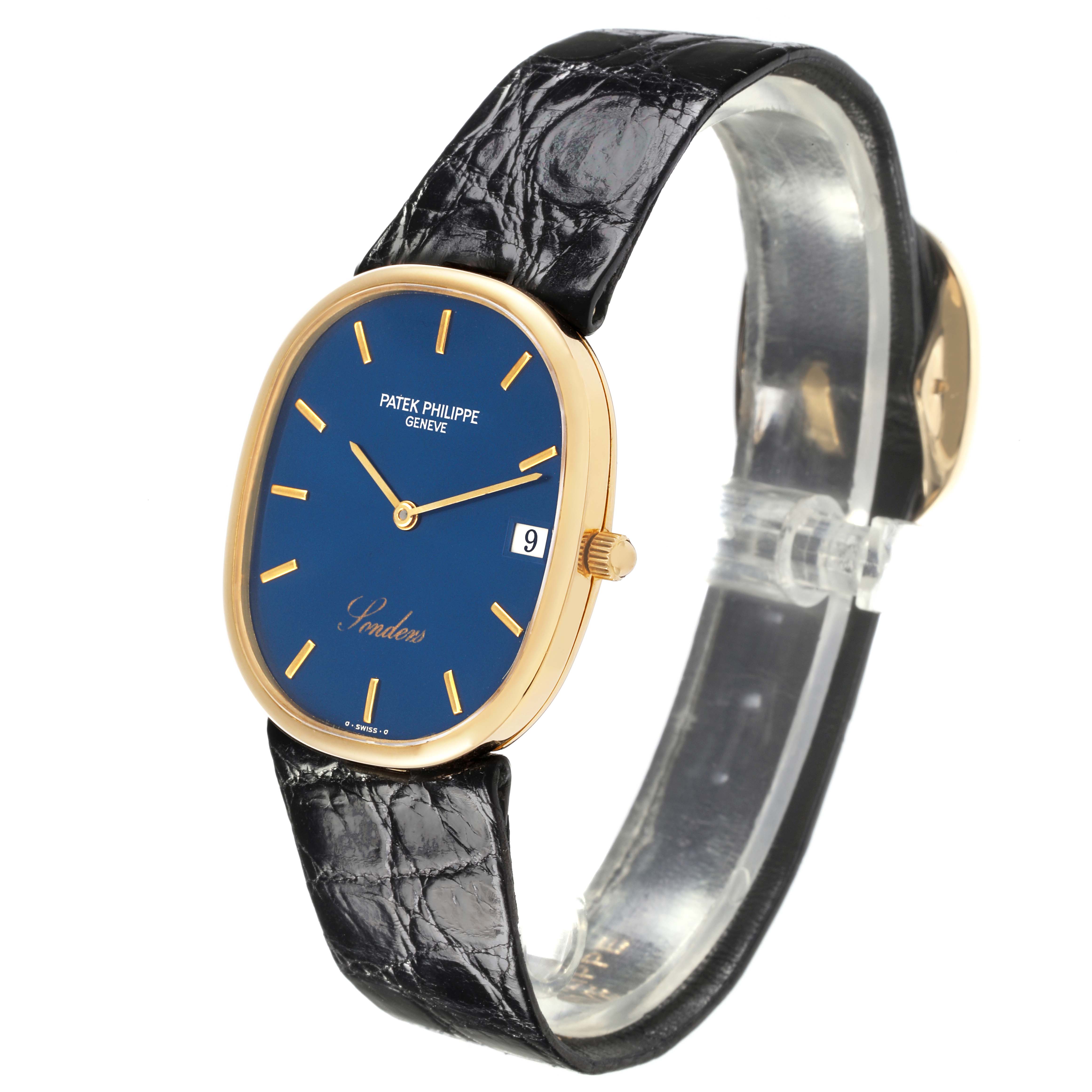 The Patek Philippe Golden Ellipse 3788J Men's Yellow Gold Blue Dial 3788J Men's Yellow Gold Blue Dial watch is shown at a slight angle, displaying the dial, case, strap, and crown.