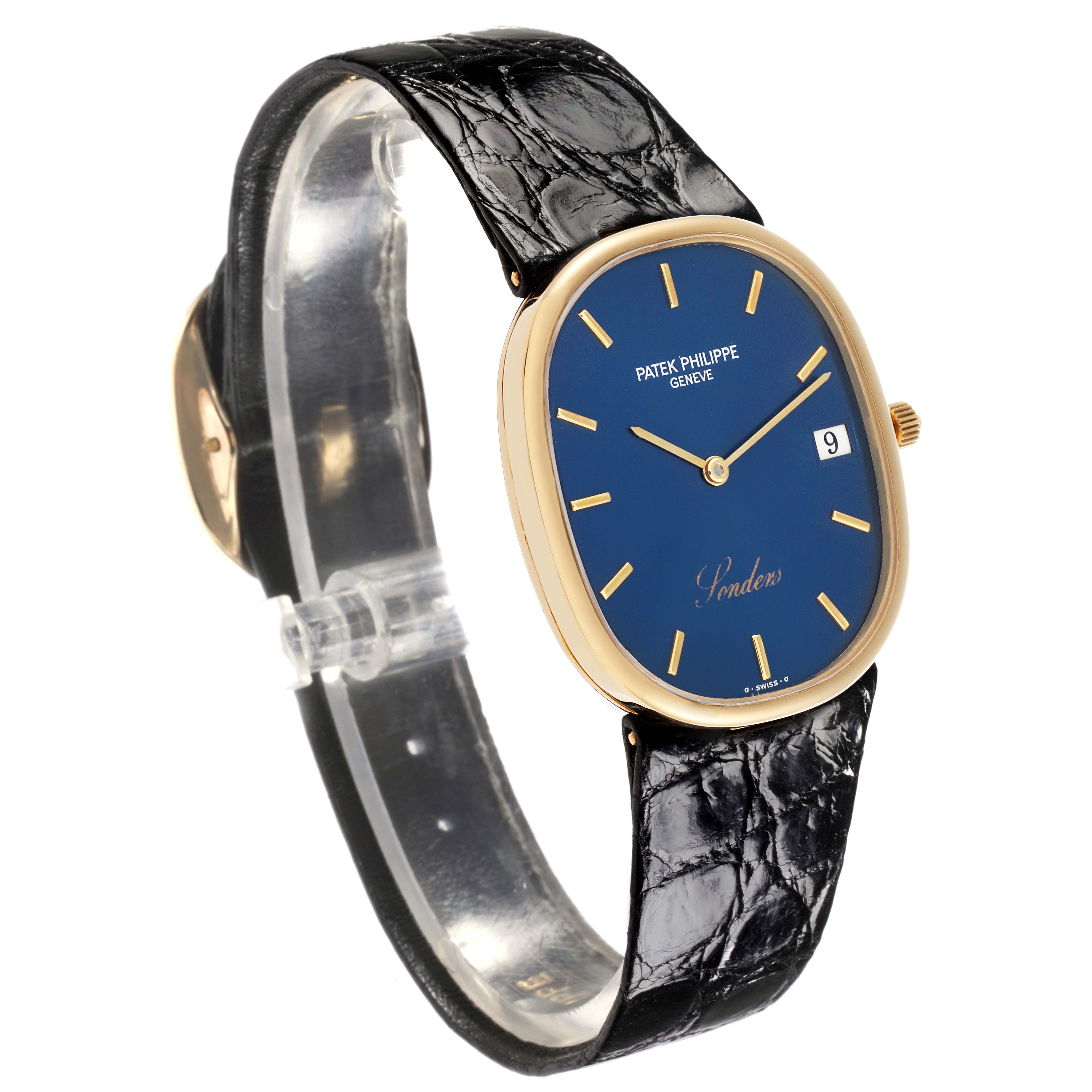 The Patek Philippe Golden Ellipse 3788J Men's Yellow Gold Blue Dial 3788J Men's Yellow Gold Blue Dial watch is shown at a slight side angle, highlighting the face, case, and strap.