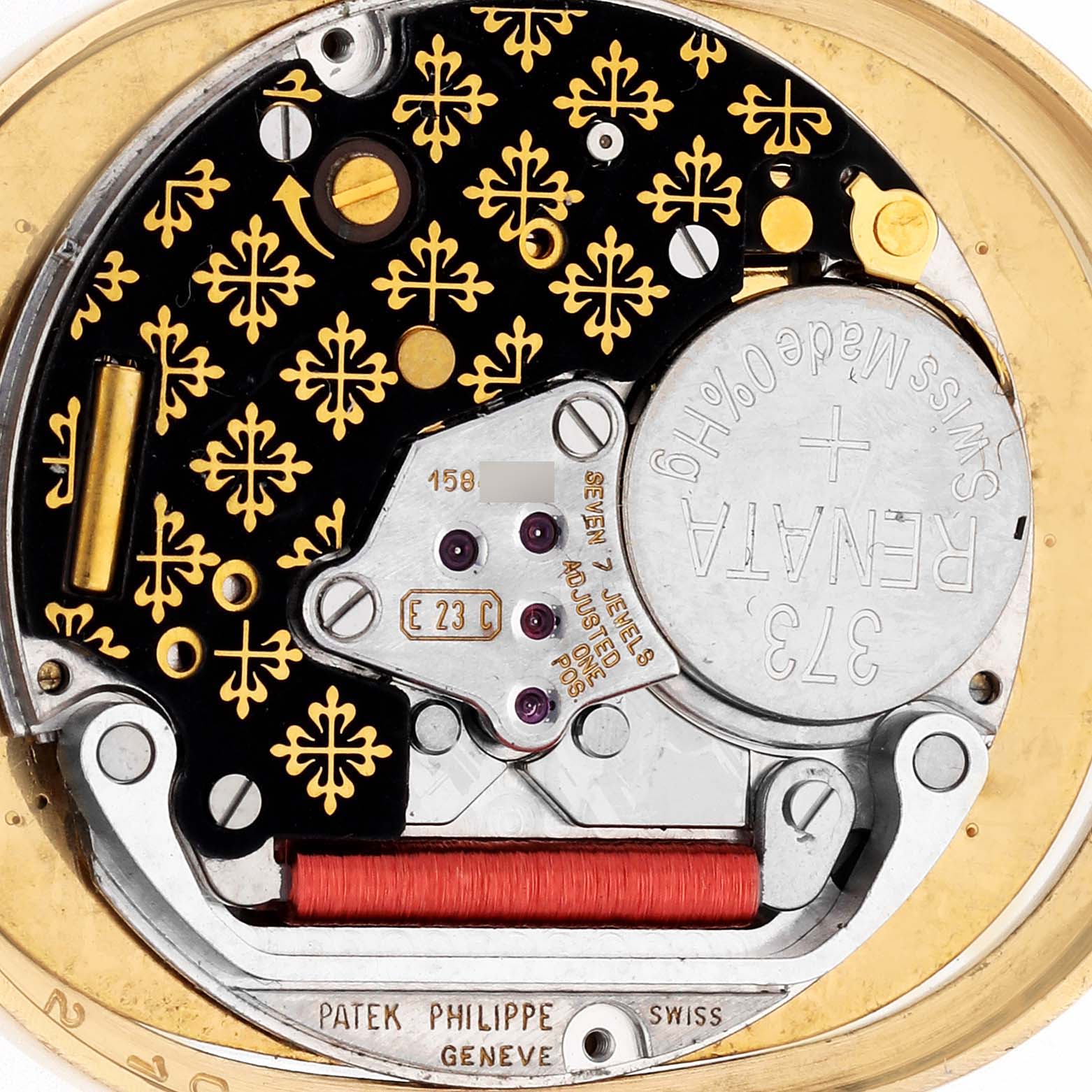 The image shows the inner movement of a Patek Philippe Golden Ellipse 3788J Men's Yellow Gold Blue Dial 3788J Men's Yellow Gold Blue Dial watch from a top-down angle.