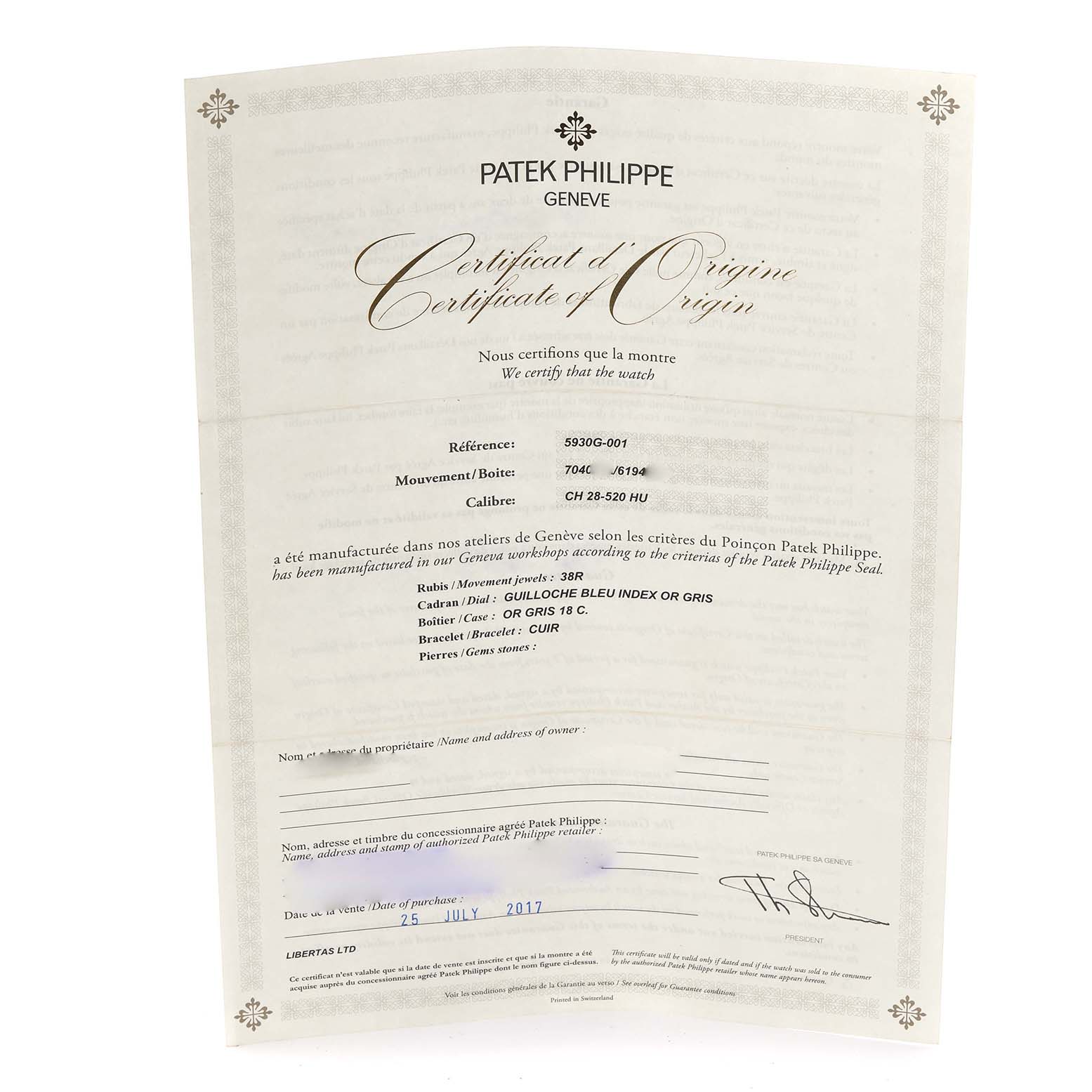 The image shows a Certificate of Origin for the Patek Philippe Complications 5930G-001 Men's White Gold Blue Dial 5930G-001 Men's White Gold Blue Dial model, detailing specifications and purchase date.