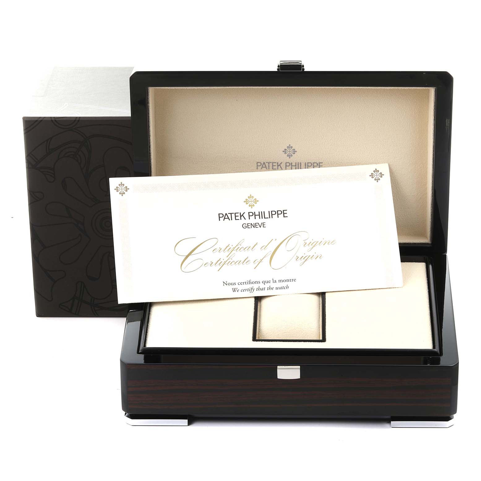 The image shows the Patek Philippe Complications 5930G-001 Men's White Gold Blue Dial 5930G-001 Men's White Gold Blue Dial watch box, open with a certificate of origin inside.