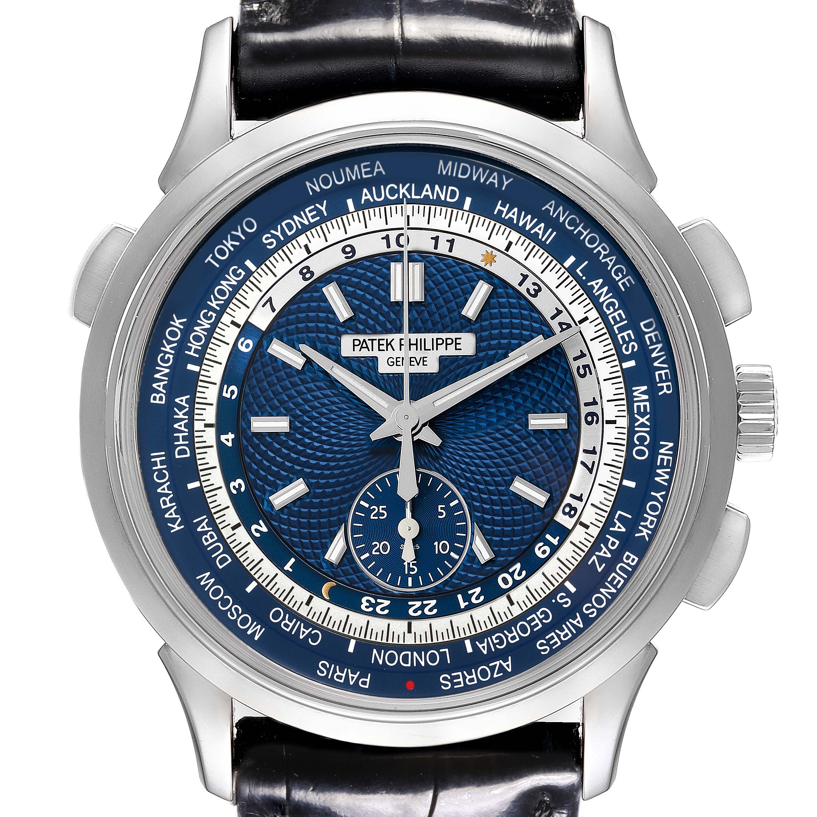 The Patek Philippe Complications 5930G-001 Men's White Gold Blue Dial 5930G-001 Men's White Gold Blue Dial watch is shown from a front angle, displaying the dial, bezel, and part of the leather strap.