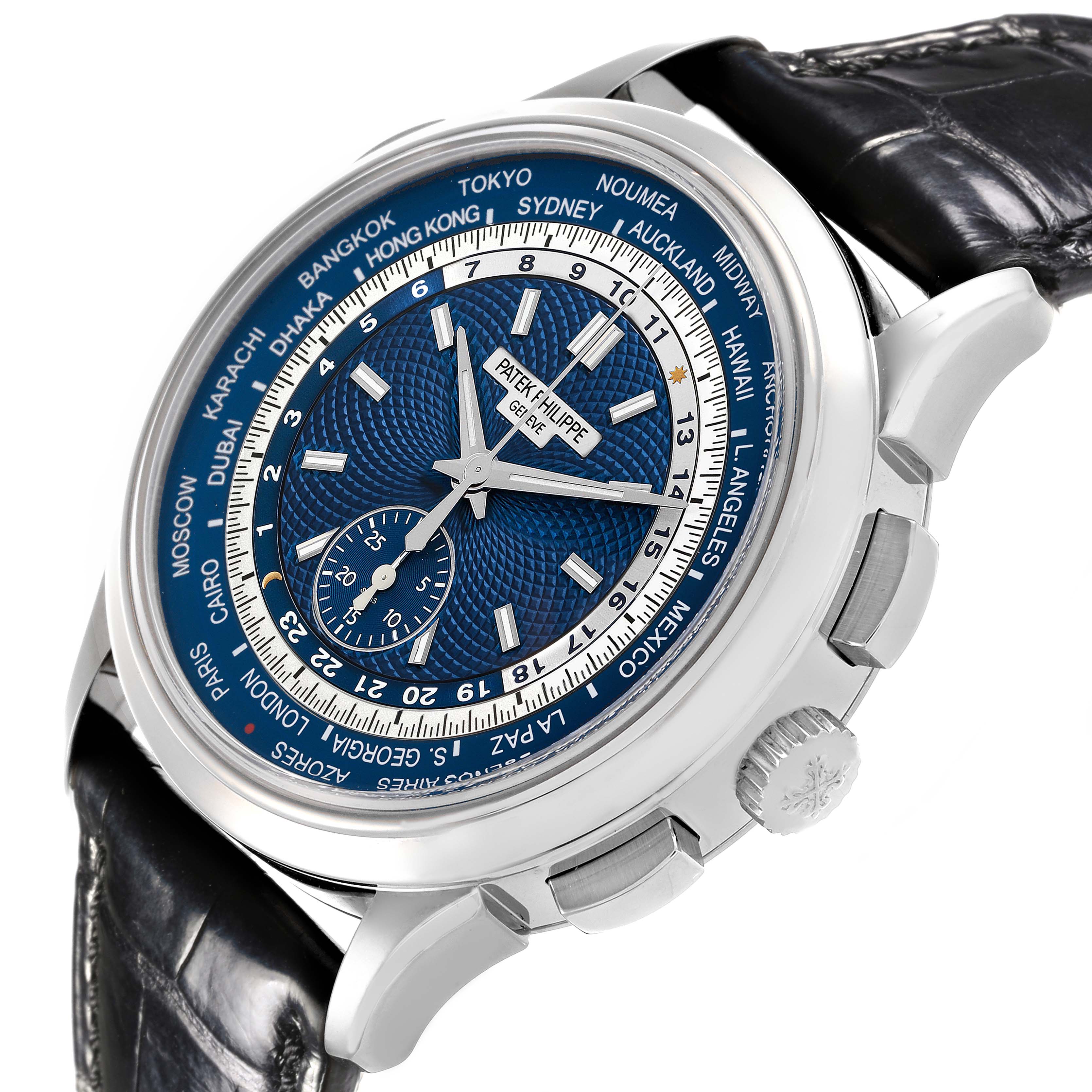 The Patek Philippe Complications 5930G-001 Men's White Gold Blue Dial 5930G-001 Men's White Gold Blue Dial watch is shown at a three-quarter angle, displaying the face, bezel, and crown.