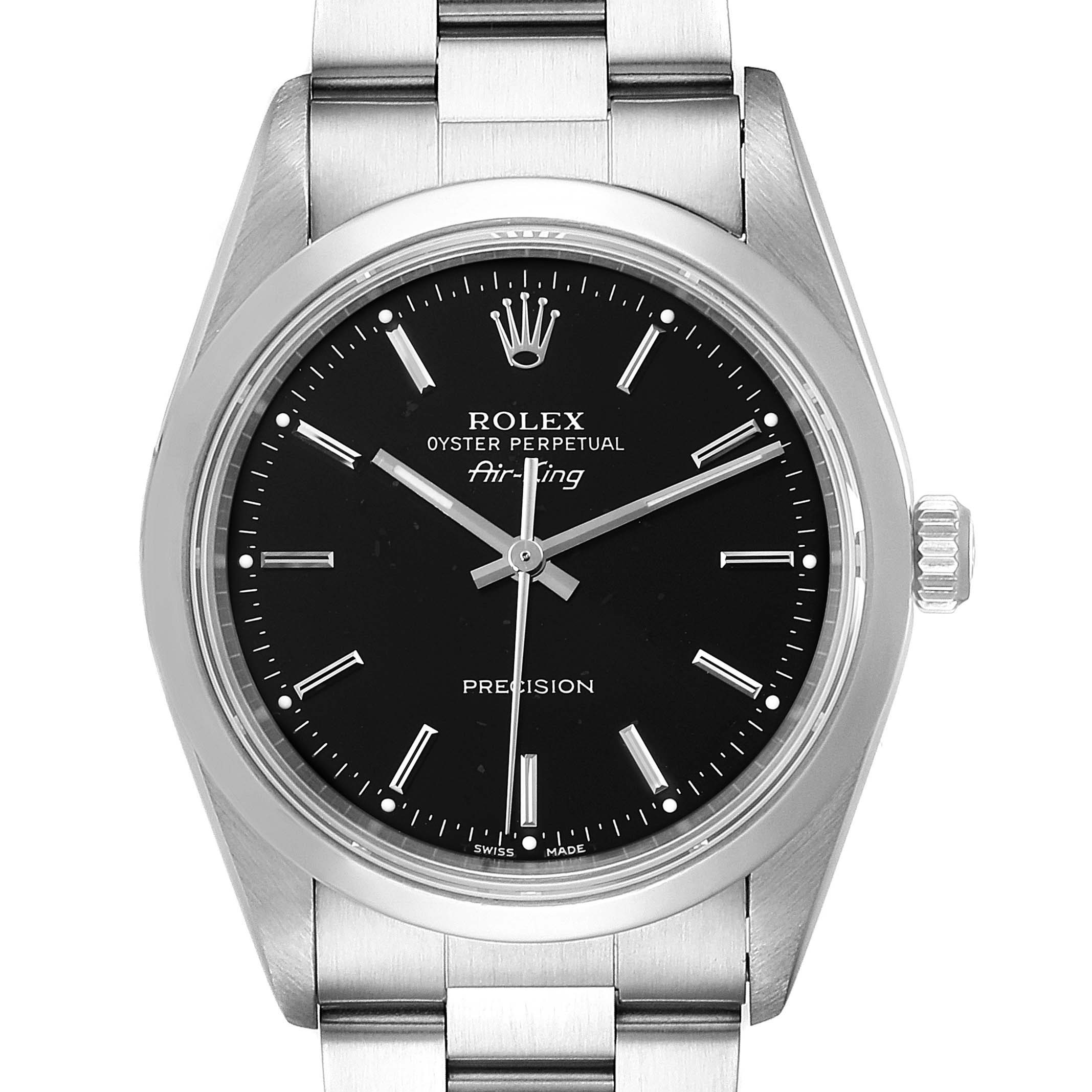 This image shows a front view of a Rolex Air-King 14000 Men's Stainless Steel Black Dial 14000 Men's Stainless Steel Black Dial watch, highlighting its black dial, crown, and stainless steel bracelet.