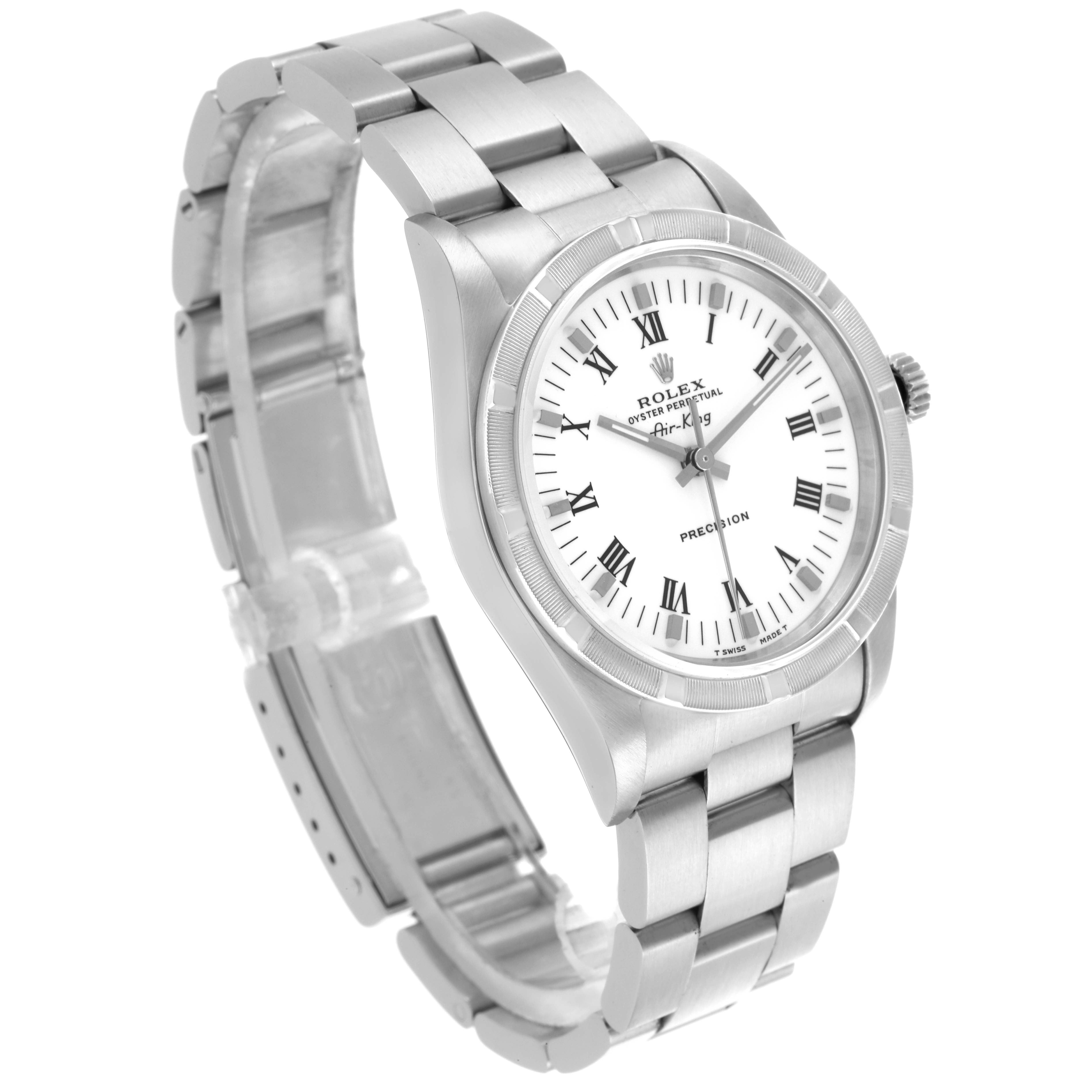 The Rolex Air-King 14010 Men's Stainless Steel White Dial 14010 Men's Stainless Steel White Dial watch is shown at a slight angle, highlighting the face, bezel, and partial bracelet.