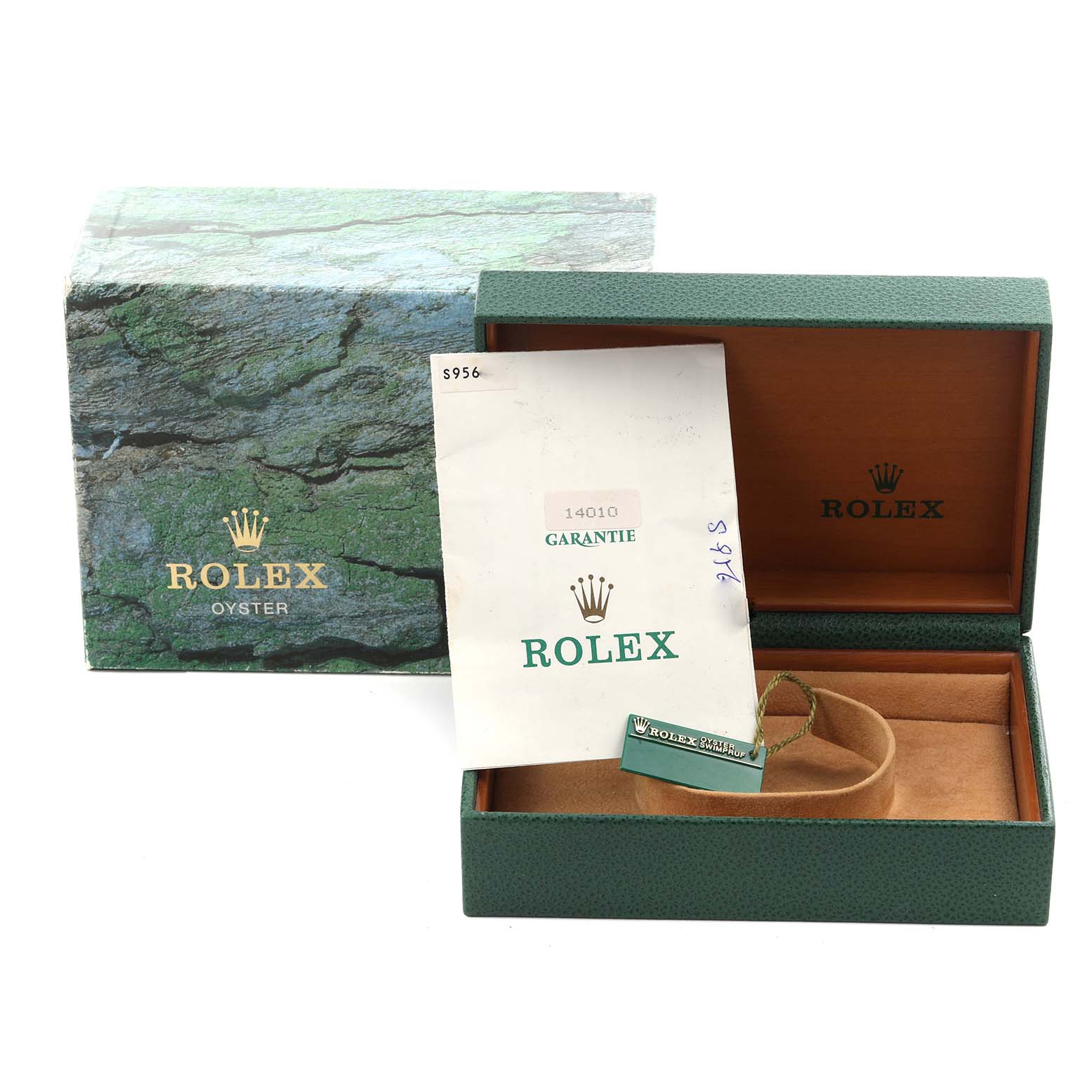 This image shows a Rolex Air-King 14010 Men's Stainless Steel White Dial 14010 Men's Stainless Steel White Dial box and guarantee card, with a hanging tag inside the open box.
