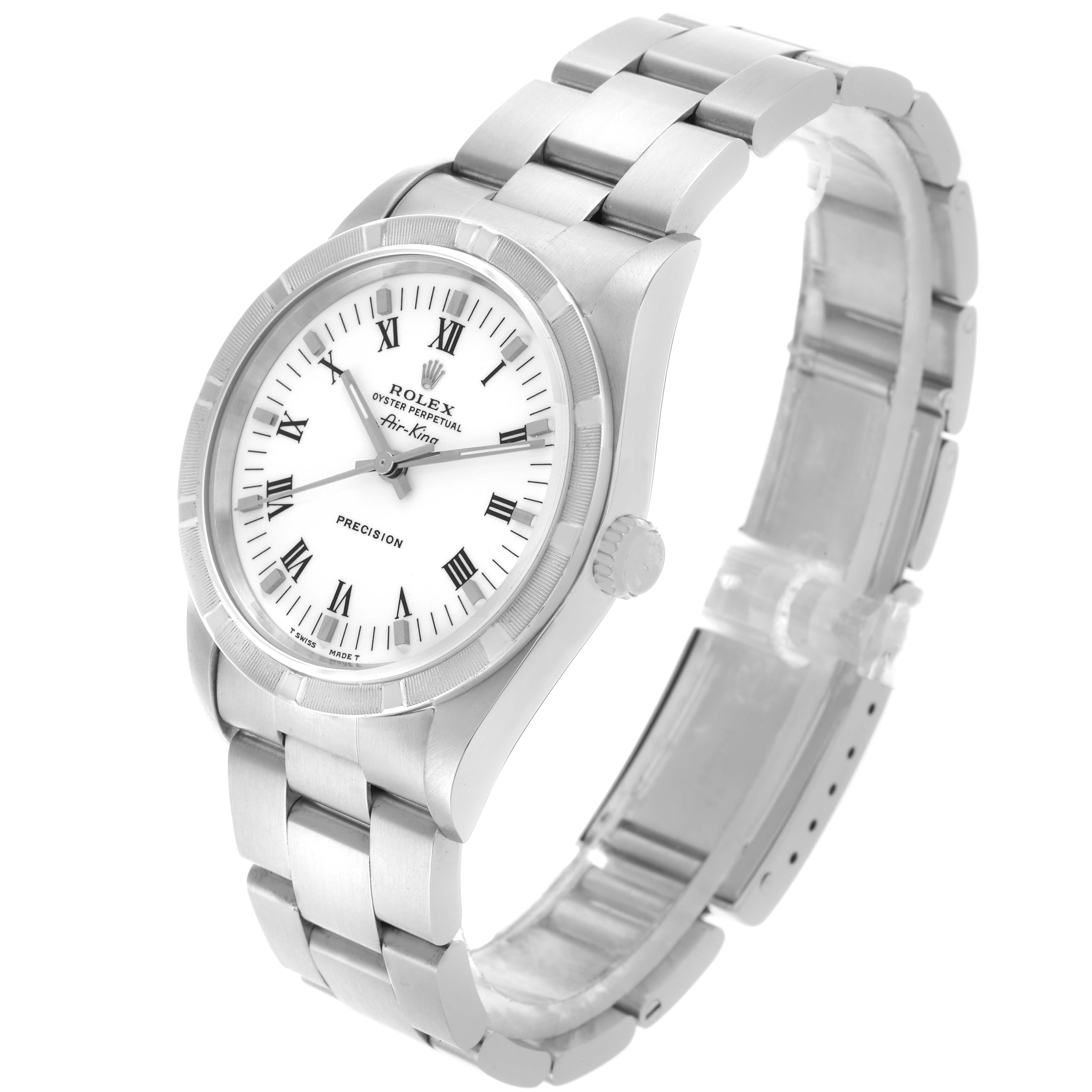 The Rolex Air-King 14010 Men's Stainless Steel White Dial 14010 Men's Stainless Steel White Dial watch is shown at a three-quarter angle, displaying the face, bezel, and bracelet.