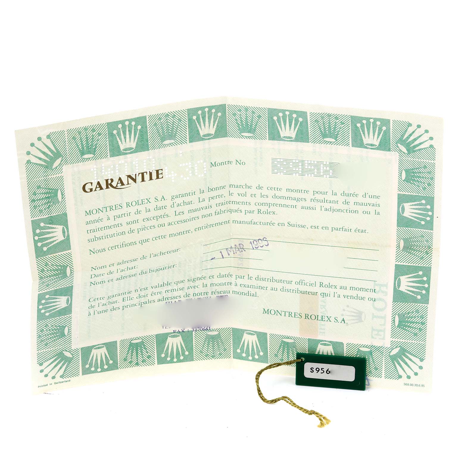 The image shows a warranty card and tag for the Rolex Air-King 14010 Men's Stainless Steel White Dial 14010 Men's Stainless Steel White Dial.