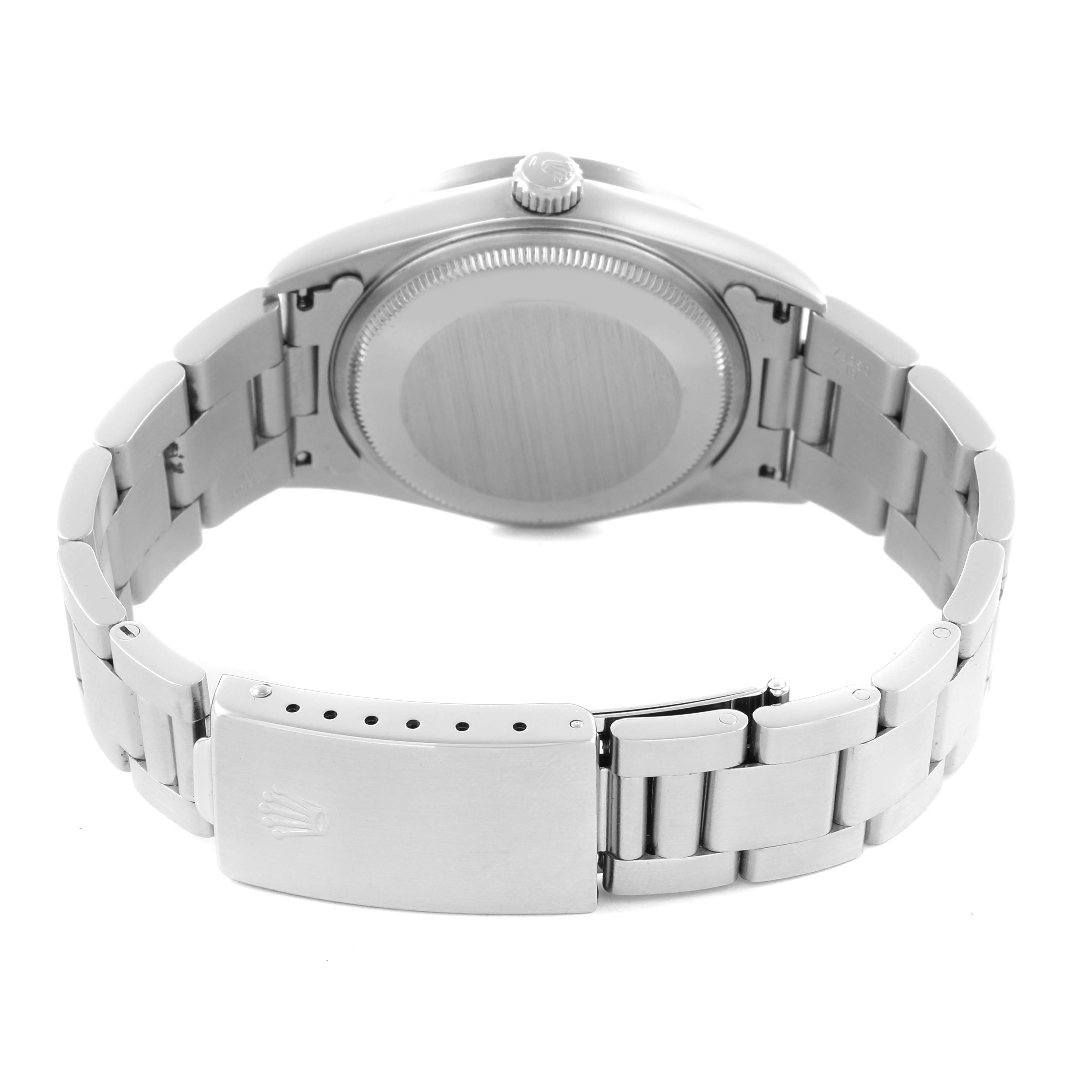 The image shows the back view of the Rolex Air-King 14010 Men's Stainless Steel White Dial 14010 Men's Stainless Steel White Dial, highlighting the case back and bracelet clasp.