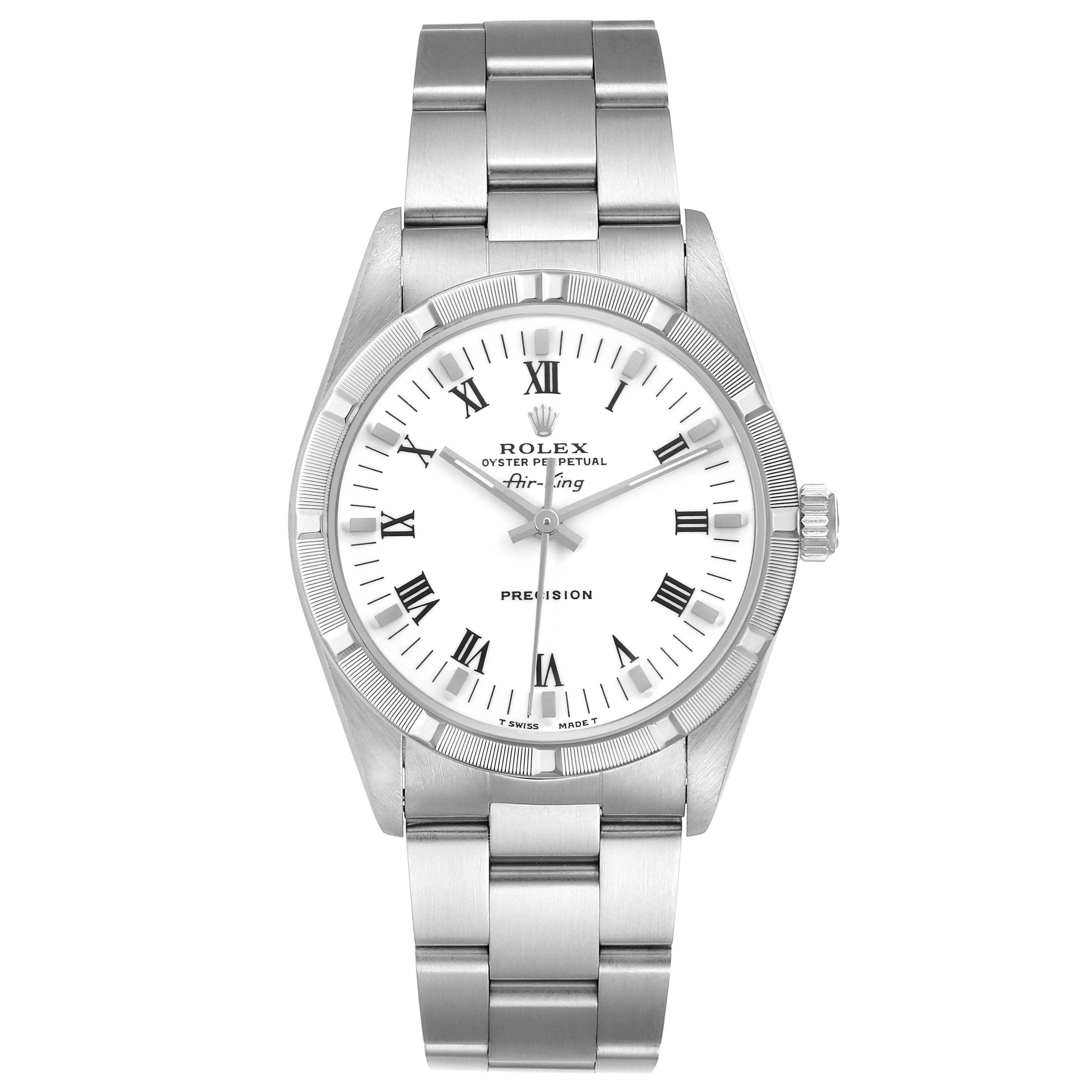 The Rolex Air-King 14010 Men's Stainless Steel White Dial 14010 Men's Stainless Steel White Dial watch is shown from a front view, displaying the face, bezel, crown, and bracelet.