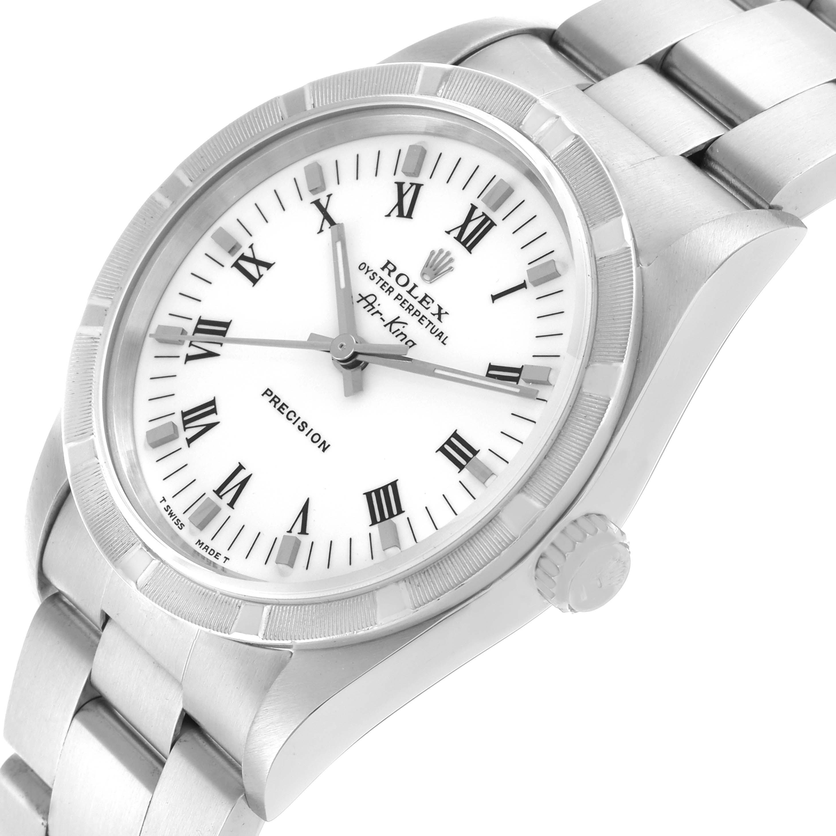 The Rolex Air-King 14010 Men's Stainless Steel White Dial 14010 Men's Stainless Steel White Dial watch is shown at a slight side angle, displaying the face, bezel, and part of the bracelet.