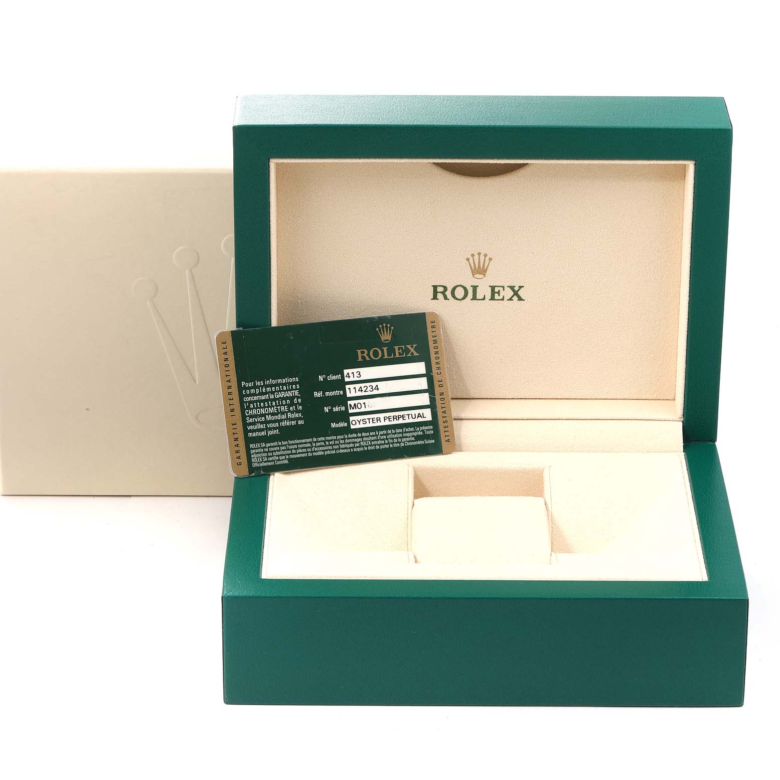 The image shows an empty Rolex Air-King 114234 Men's Stainless Steel White Dial 114234 Men's Stainless Steel White Dial watch box and a certification card.