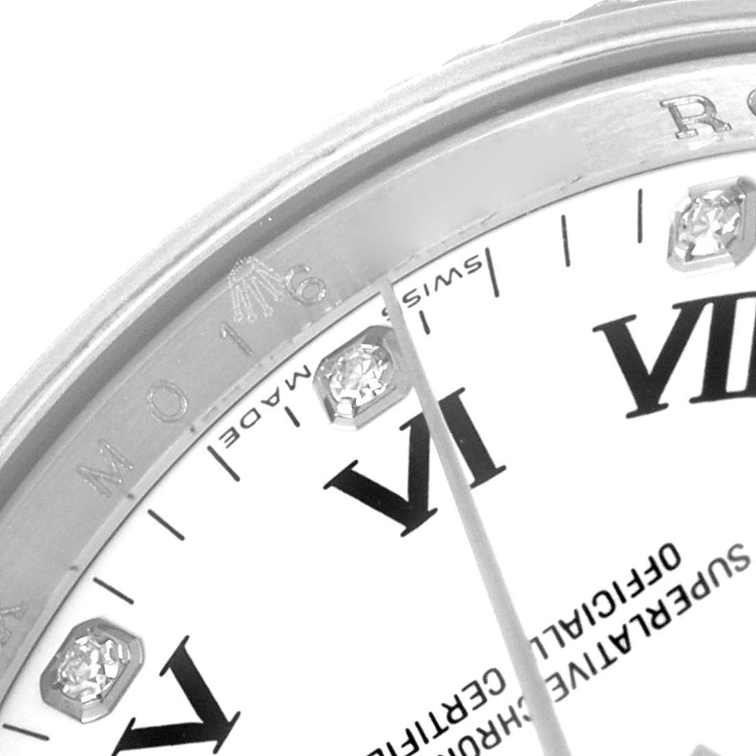 The image shows a close-up of the dial and bezel of a Rolex Air-King 114234 Men's Stainless Steel White Dial 114234 Men's Stainless Steel White Dial watch, highlighting the Roman numeral "VI" and diamond hour markers.