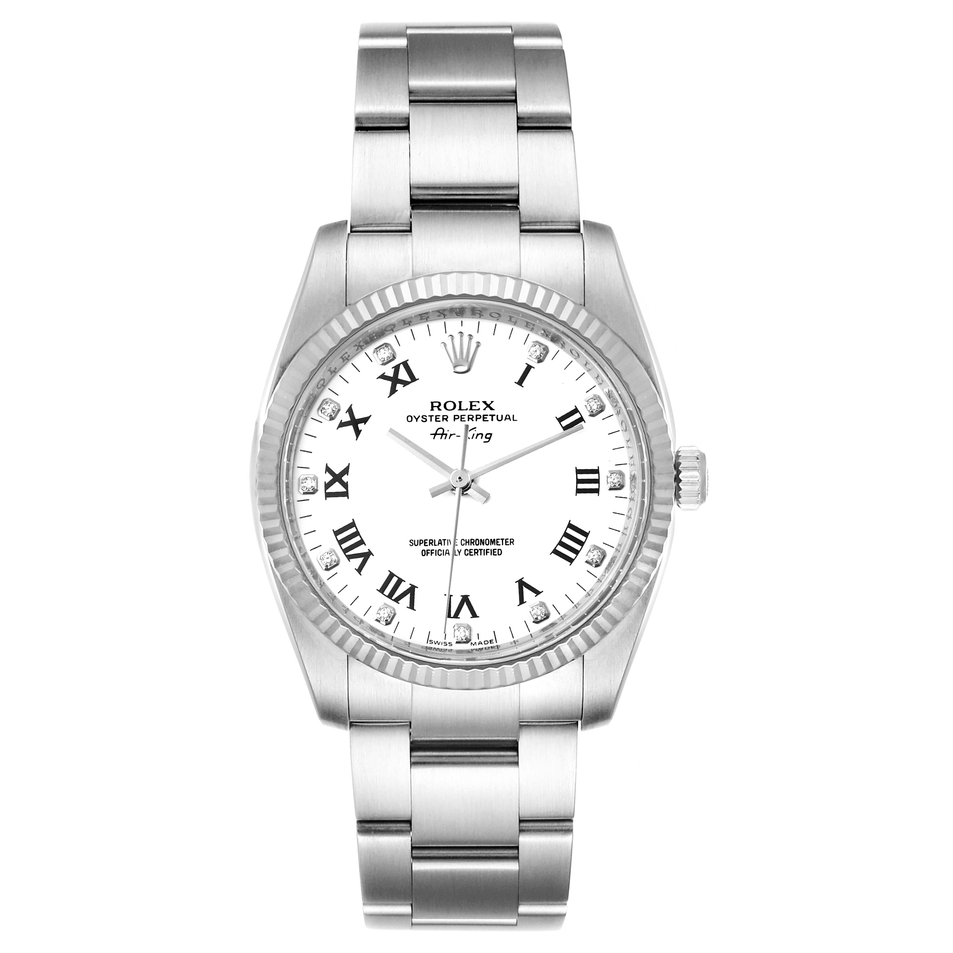 The image shows a front view of a Rolex Air-King 114234 Men's Stainless Steel White Dial 114234 Men's Stainless Steel White Dial watch, featuring its face, bezel, and bracelet.