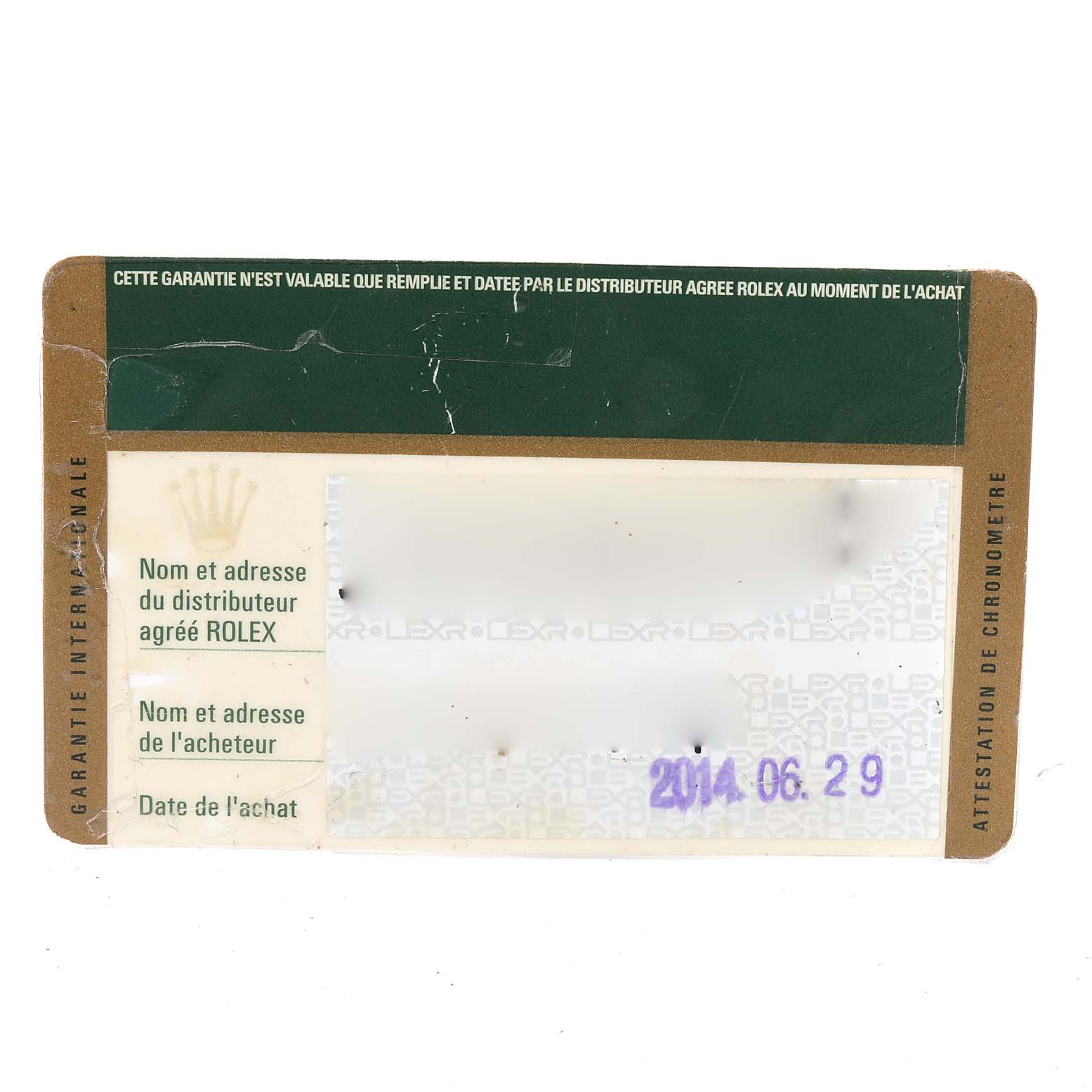 This image shows a warranty card for an Air-King model by Rolex, with details of the distributor and buyer.