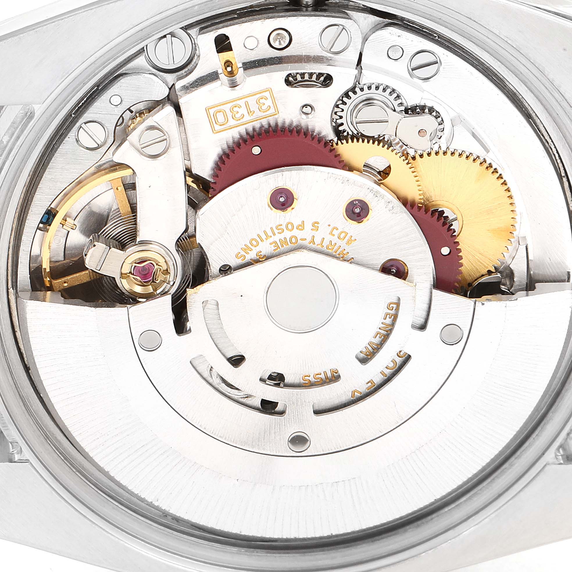 This image shows the intricate internal mechanisms of a Rolex Air-King 114234 Men's Stainless Steel White Dial 114234 Men's Stainless Steel White Dial watch from a top-down angle.
