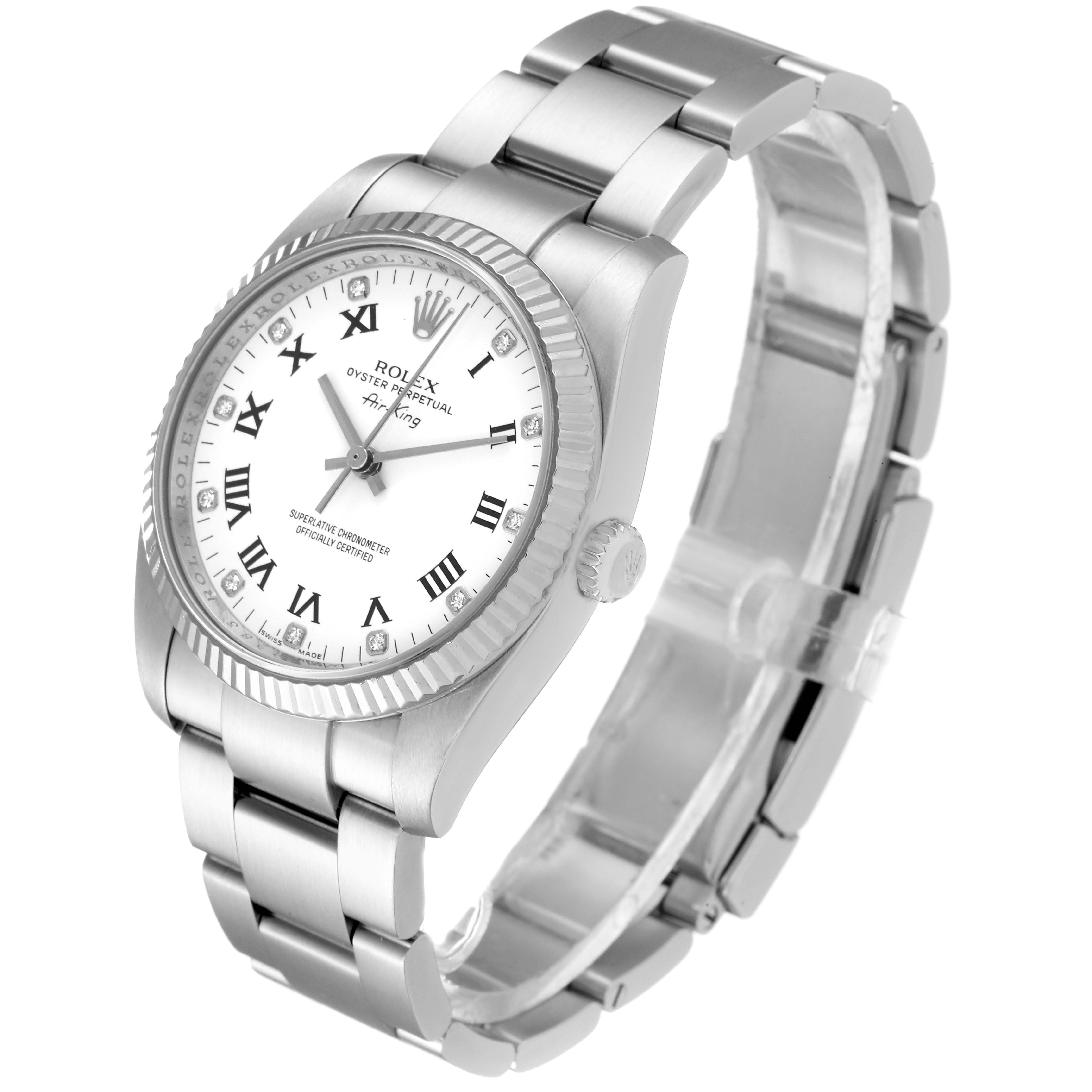 The image depicts a Rolex Air-King 114234 Men's Stainless Steel White Dial 114234 Men's Stainless Steel White Dial watch from a side angle, showcasing the dial, bezel, crown, and bracelet.