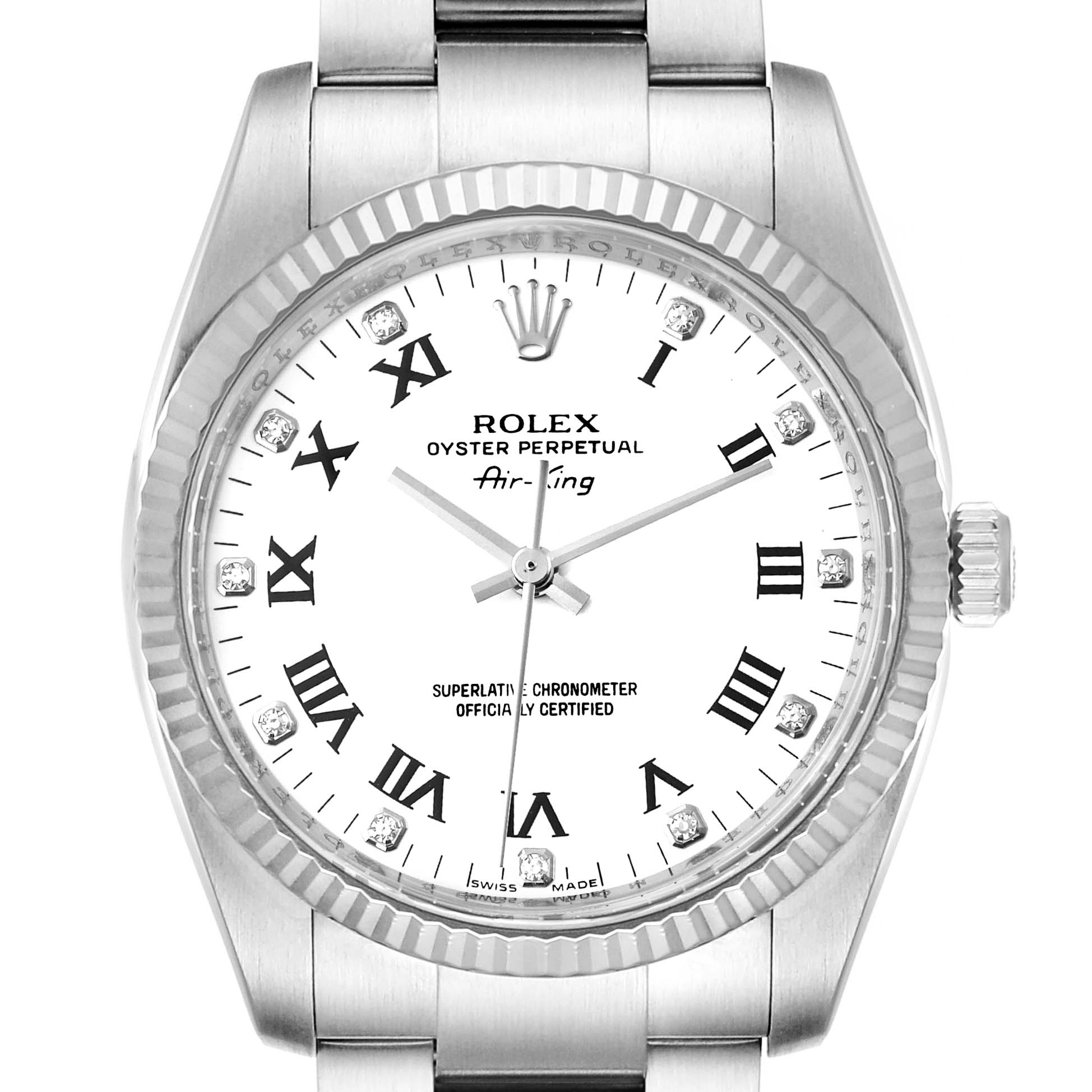 This image shows a frontal view of the Rolex Air-King 114234 Men's Stainless Steel White Dial 114234 Men's Stainless Steel White Dial watch, displaying its face, bezel, crown, and part of the bracelet.