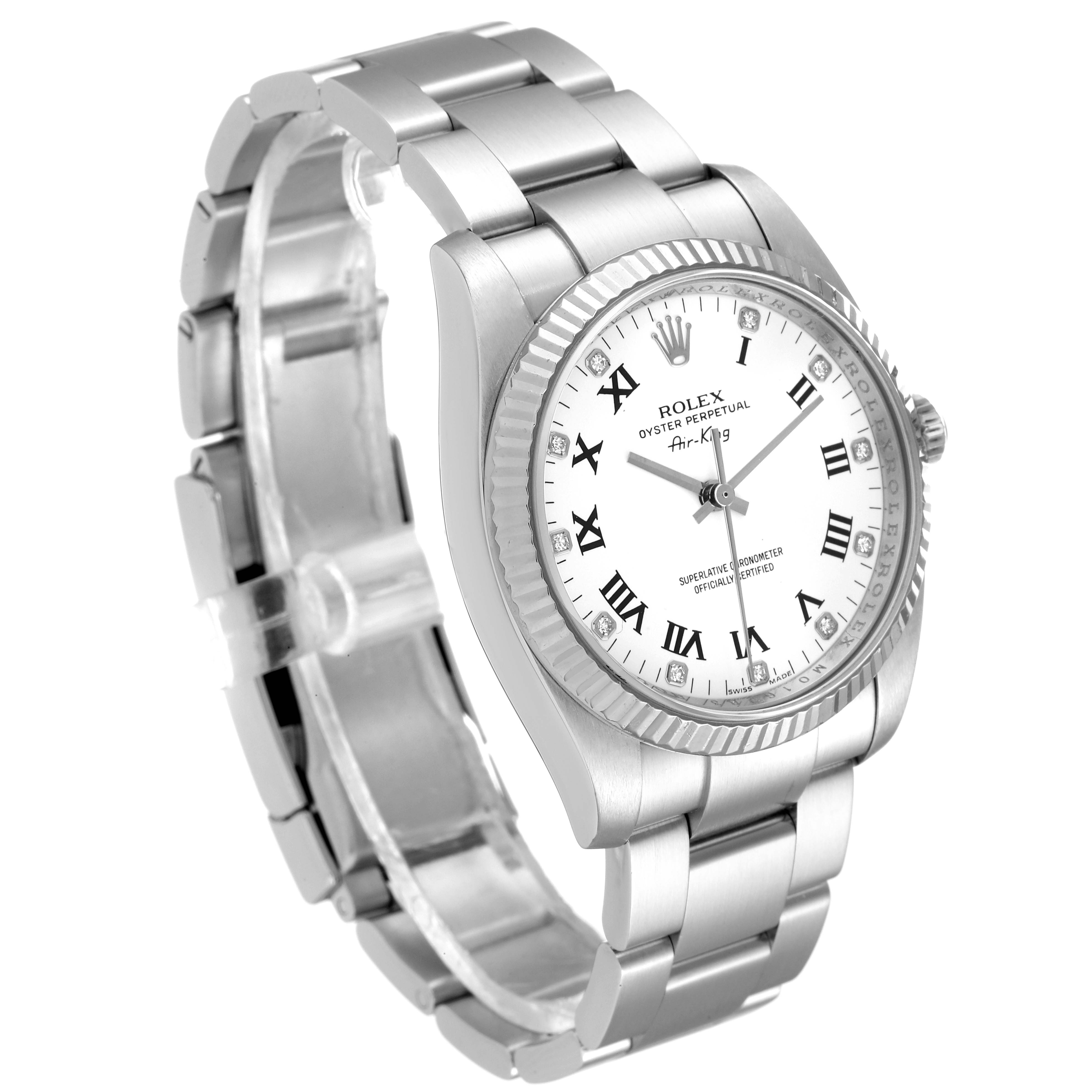 The image shows a side angle of a Rolex Air-King 114234 Men's Stainless Steel White Dial 114234 Men's Stainless Steel White Dial watch, displaying its bracelet, bezel, and dial.