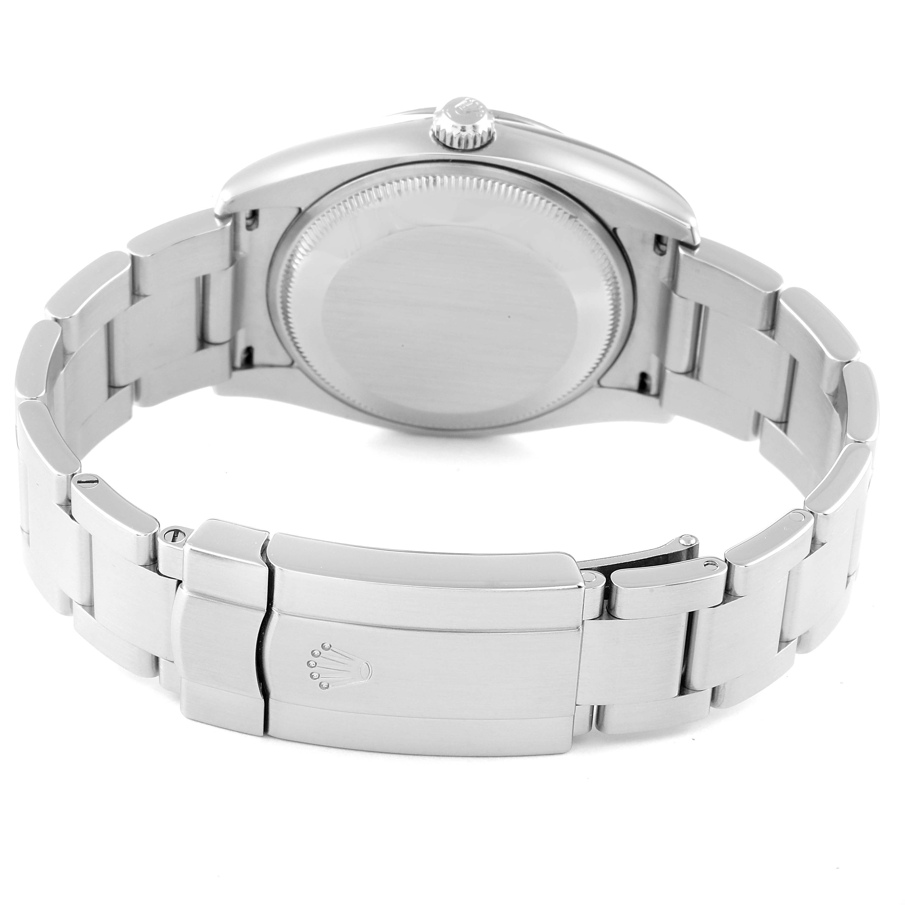 The image shows the back case, crown, and bracelet with the clasp of the Rolex Air-King 114234 Men's Stainless Steel White Dial 114234 Men's Stainless Steel White Dial watch.