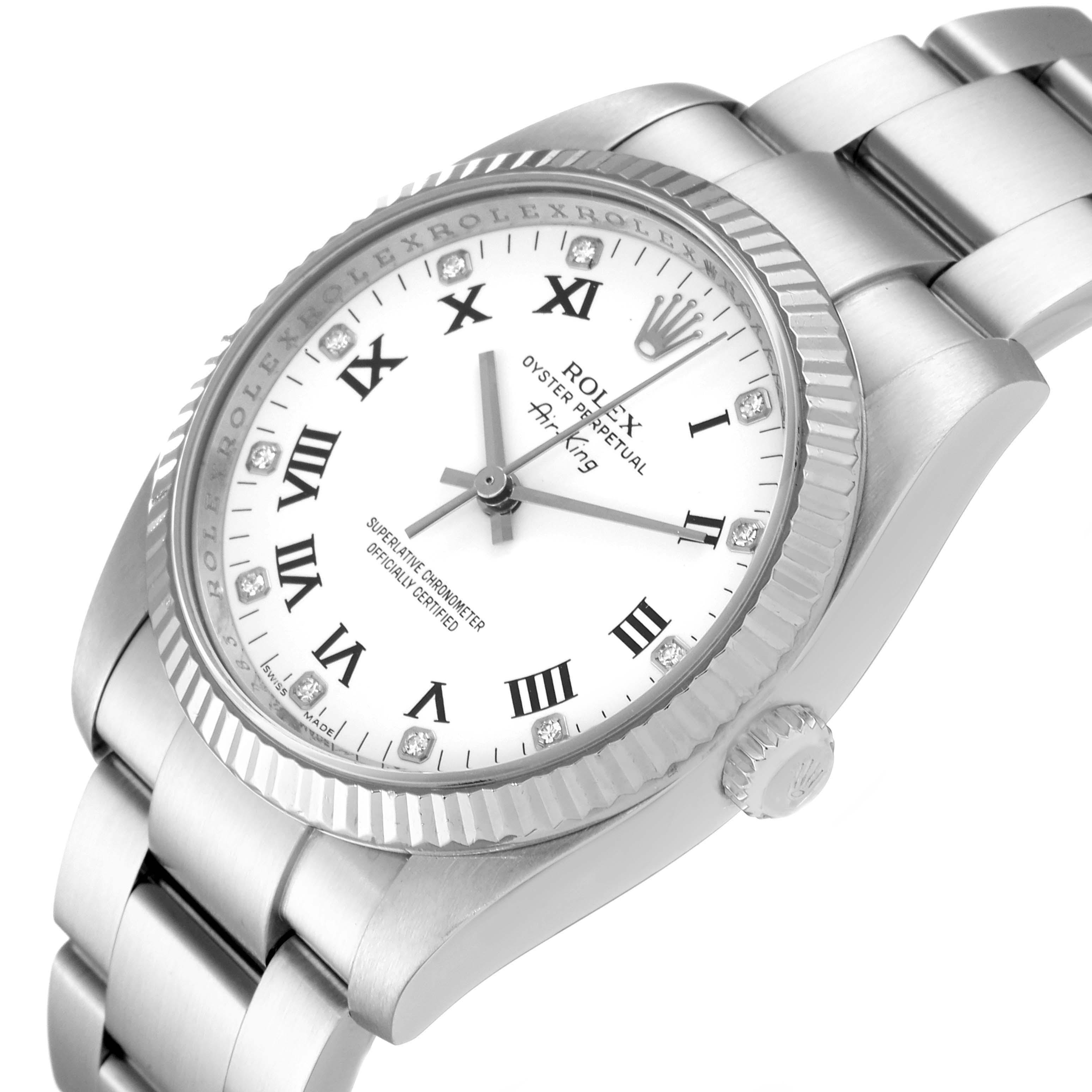 This image shows a close-up angled view of the Rolex Air-King 114234 Men's Stainless Steel White Dial 114234 Men's Stainless Steel White Dial watch, focusing on its dial, bezel, crown, and part of the bracelet.