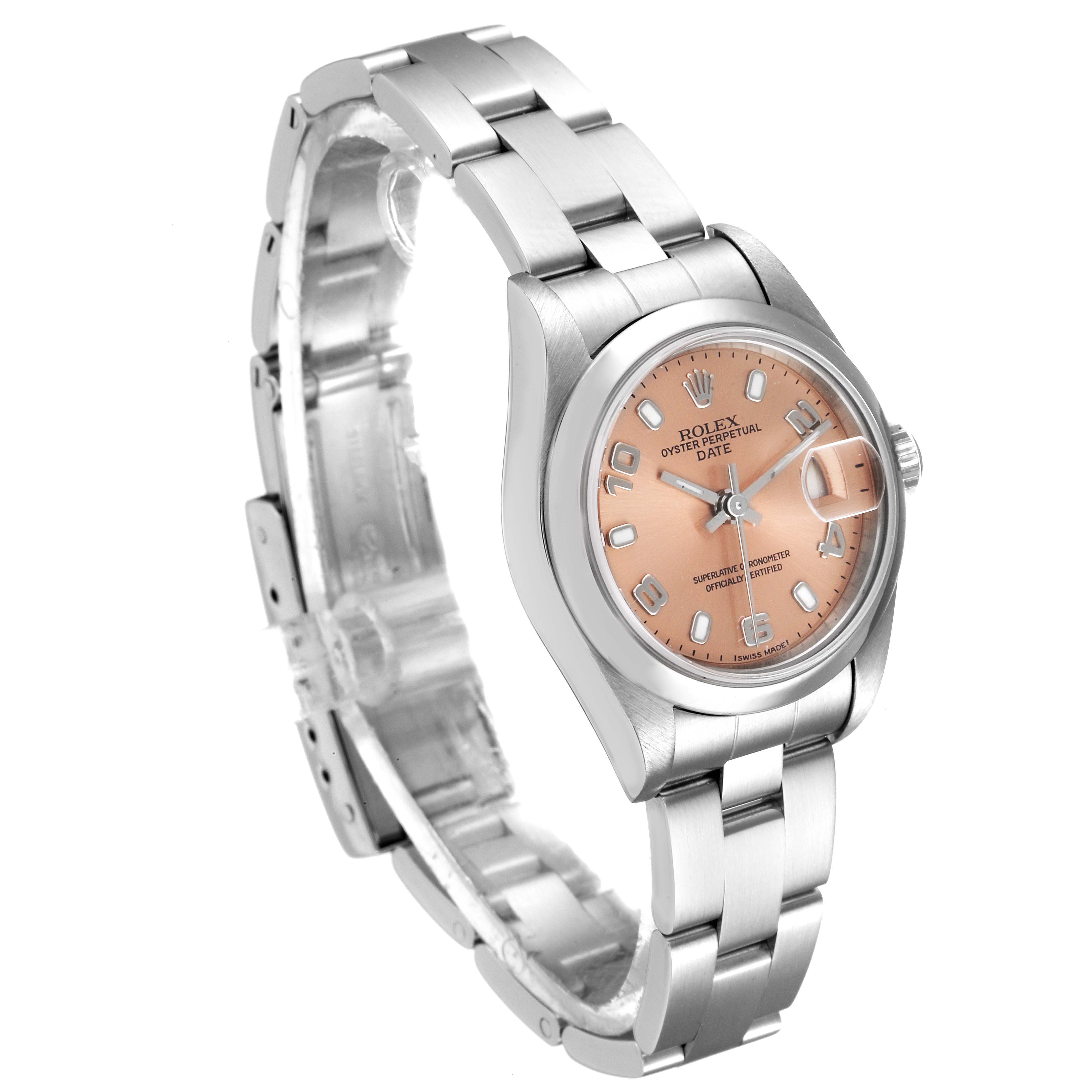 The image shows a Rolex Date 79160 Women's Stainless Steel Pink Dial 79160 Women's Stainless Steel Pink Dial model watch at a three-quarter angle, highlighting its face, bracelet, and clasp.
