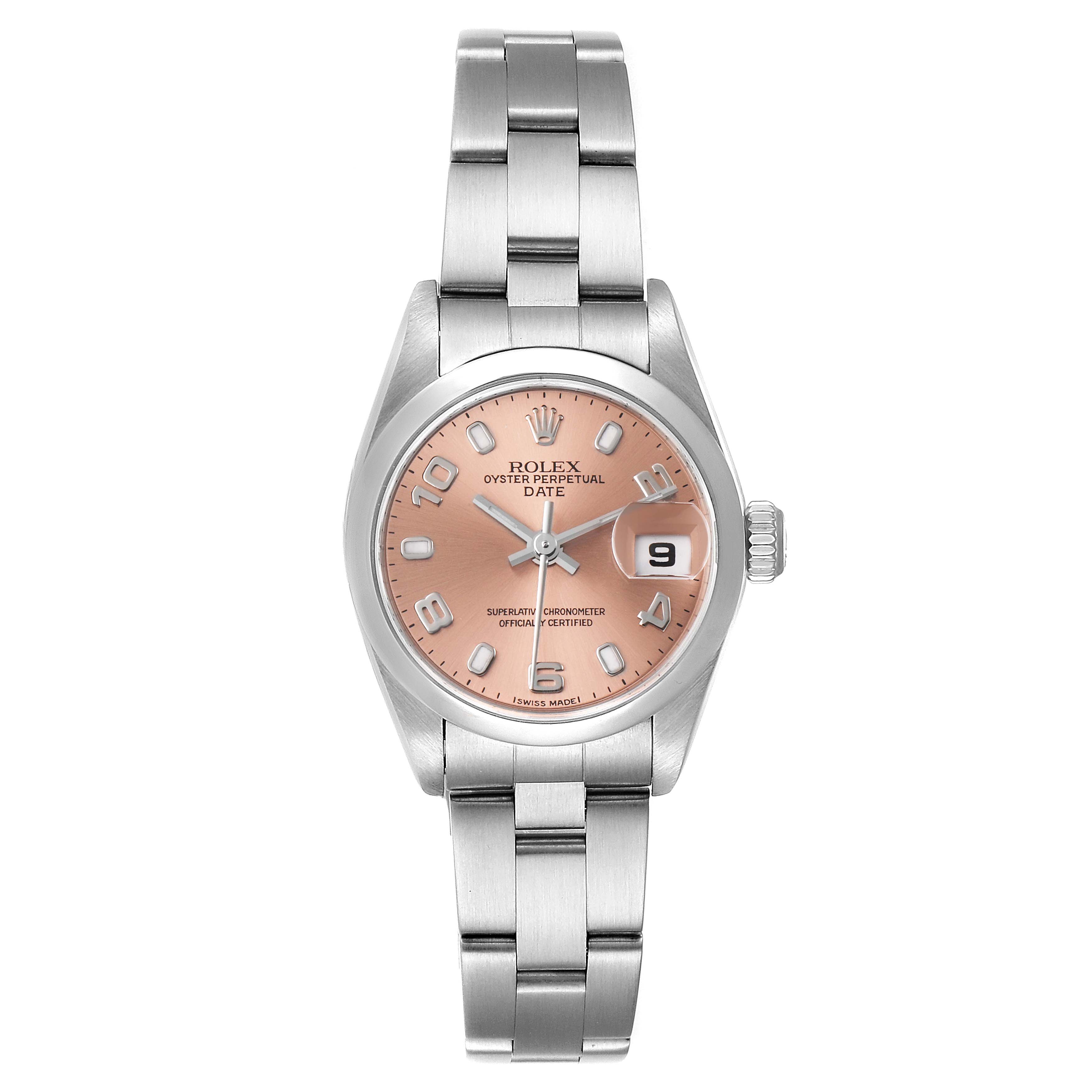 This Rolex Date 79160 Women's Stainless Steel Pink Dial 79160 Women's Stainless Steel Pink Dial watch is pictured from the front, showing the face, bezel, and part of the bracelet.