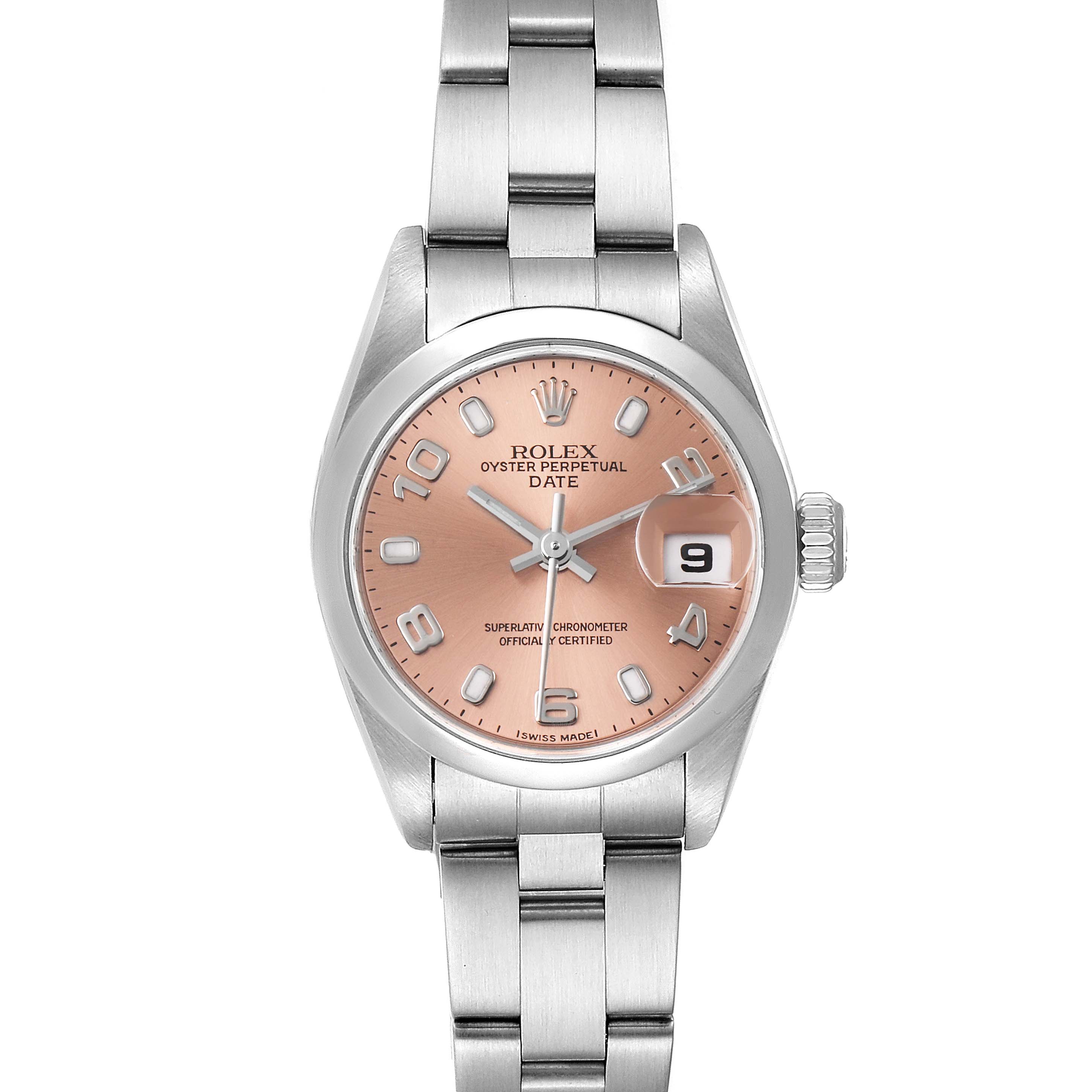 This image shows a Rolex Date 79160 Women's Stainless Steel Pink Dial 79160 Women's Stainless Steel Pink Dial model watch from a front angle, highlighting the bracelet, dial, and date display.