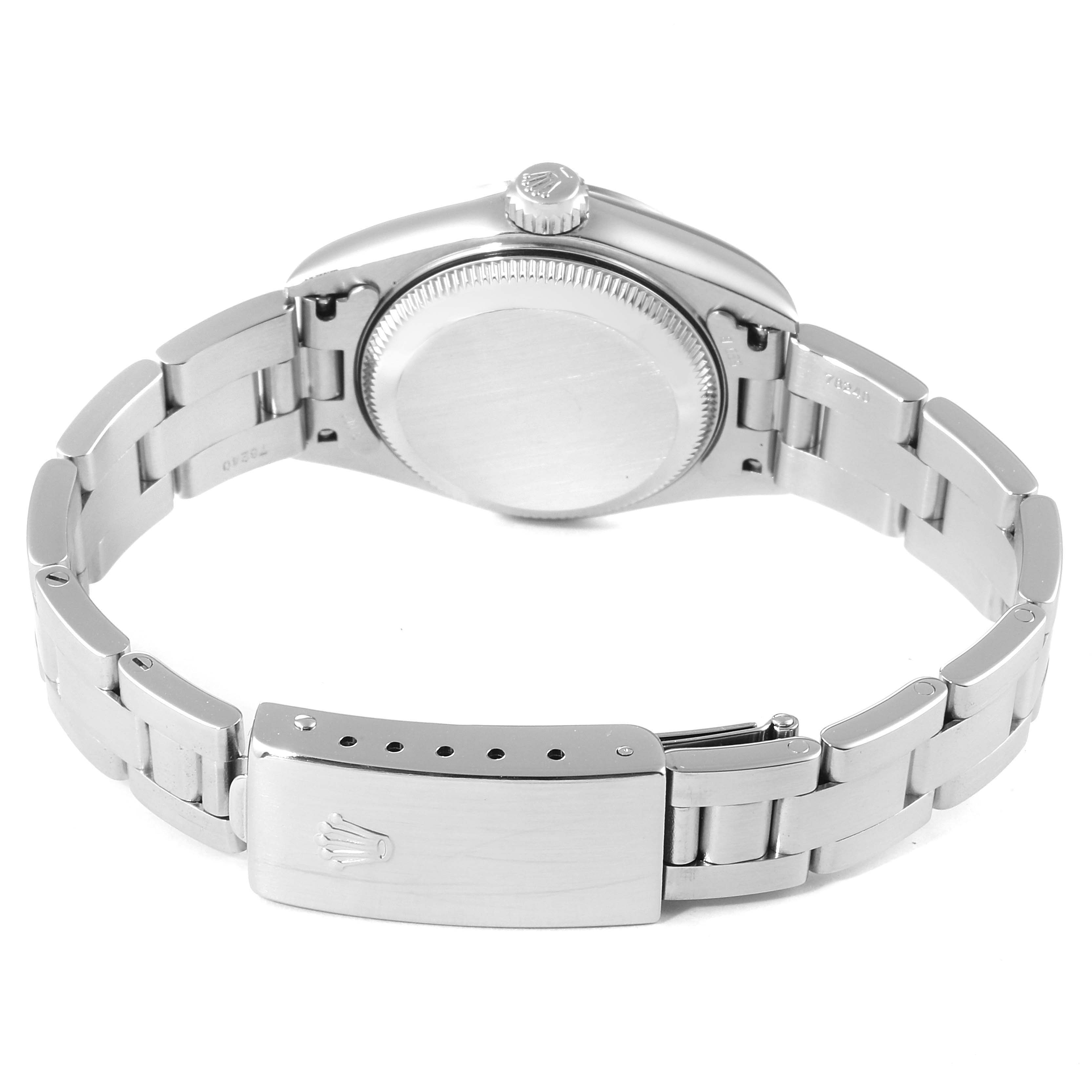 The image shows the back view of a Rolex Date 79160 Women's Stainless Steel Pink Dial 79160 Women's Stainless Steel Pink Dial model watch, displaying the case back, bracelet, and clasp.