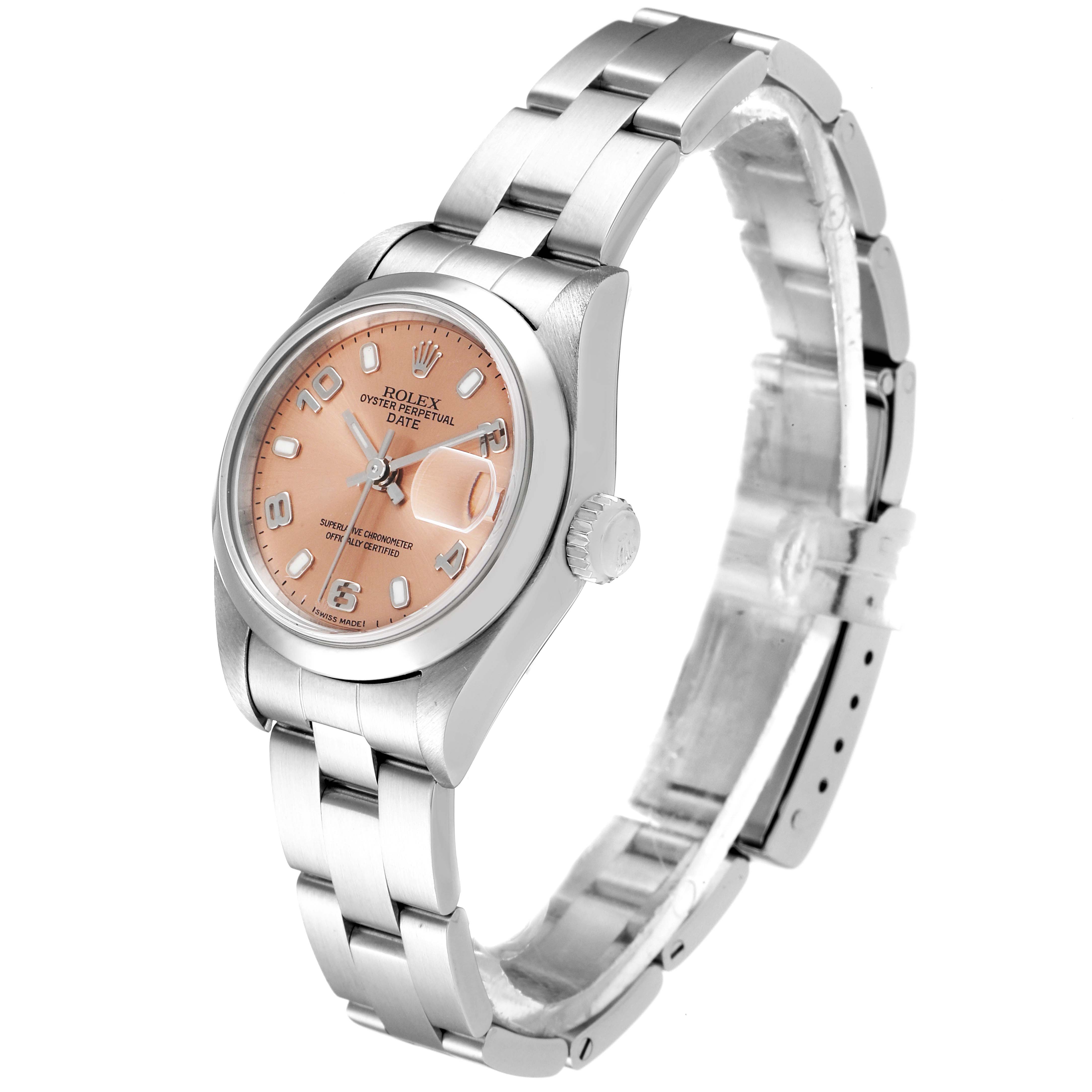 The image shows a Rolex Date 79160 Women's Stainless Steel Pink Dial 79160 Women's Stainless Steel Pink Dial model watch at a three-quarter angle, displaying the dial, bracelet, crown, and clasp.