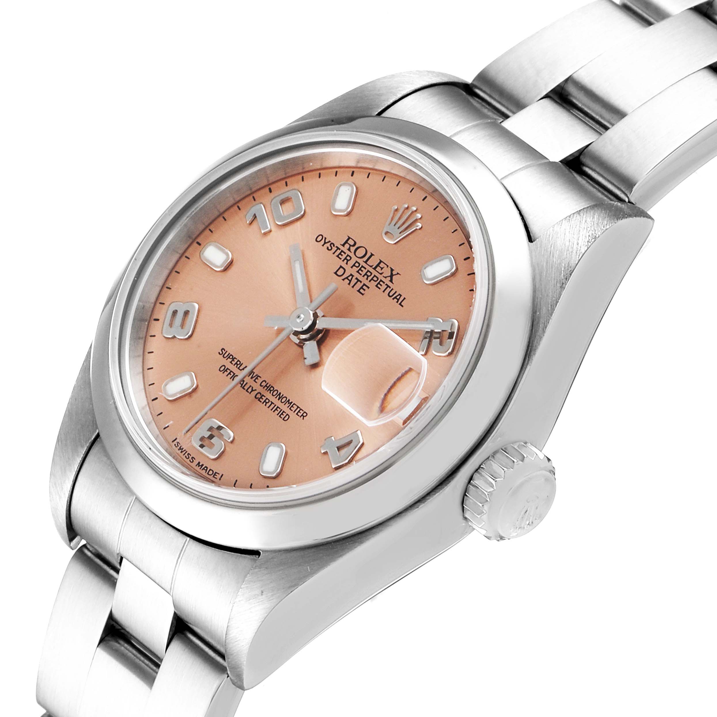 This image shows the Rolex Oyster Perpetual Date watch from an angled side view, highlighting its dial, bezel, and bracelet.